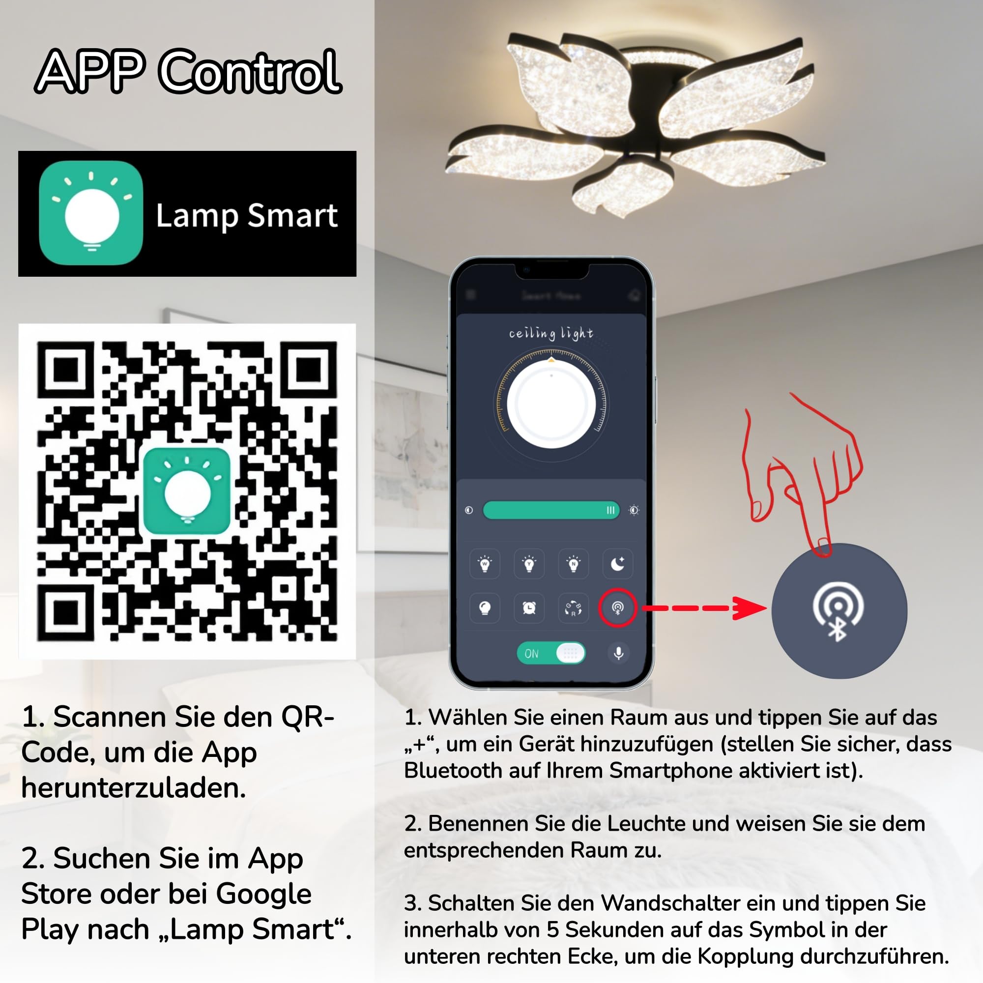 LED Wohnzimmer Deckenlampe Blume, Deckenleuchte Wohnzimmer Modern mit Speicherfunktion, Energieeffizient Dimmbare Wohnzimmerlampe Decke mit Fernbedienung/App-Steuerung für Esszimmer/Wohnzimmer/Flur