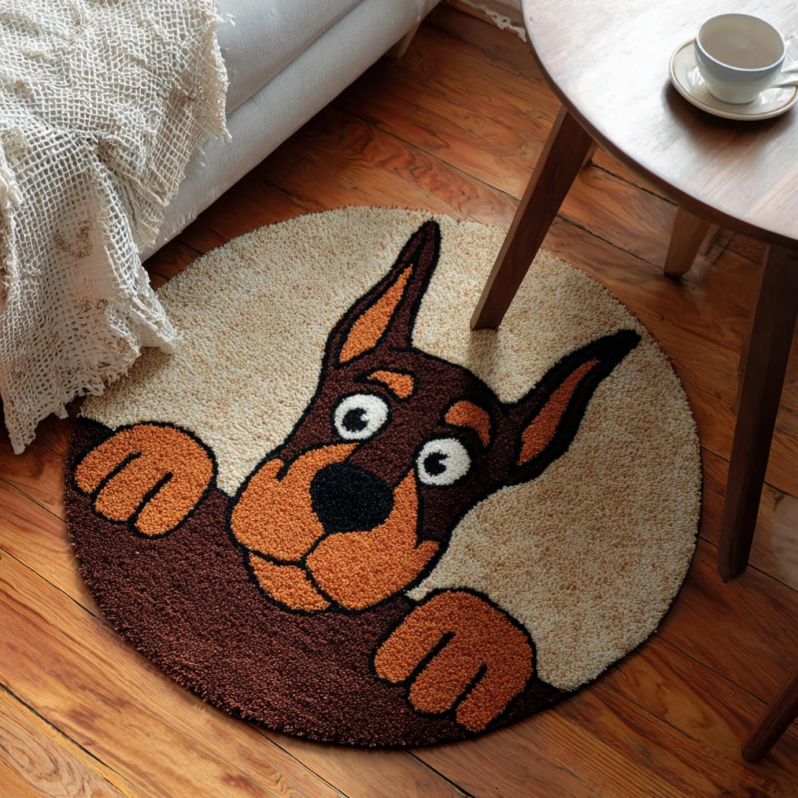 WallustrioaW Beginner Small Size Latch Hook Kits,Doberman Pinscher Cartoon Dog,Yarn Rug Kits Making,Mat,Craft Kits with Printed Canvas for Starter Kids Adult,50x50cm