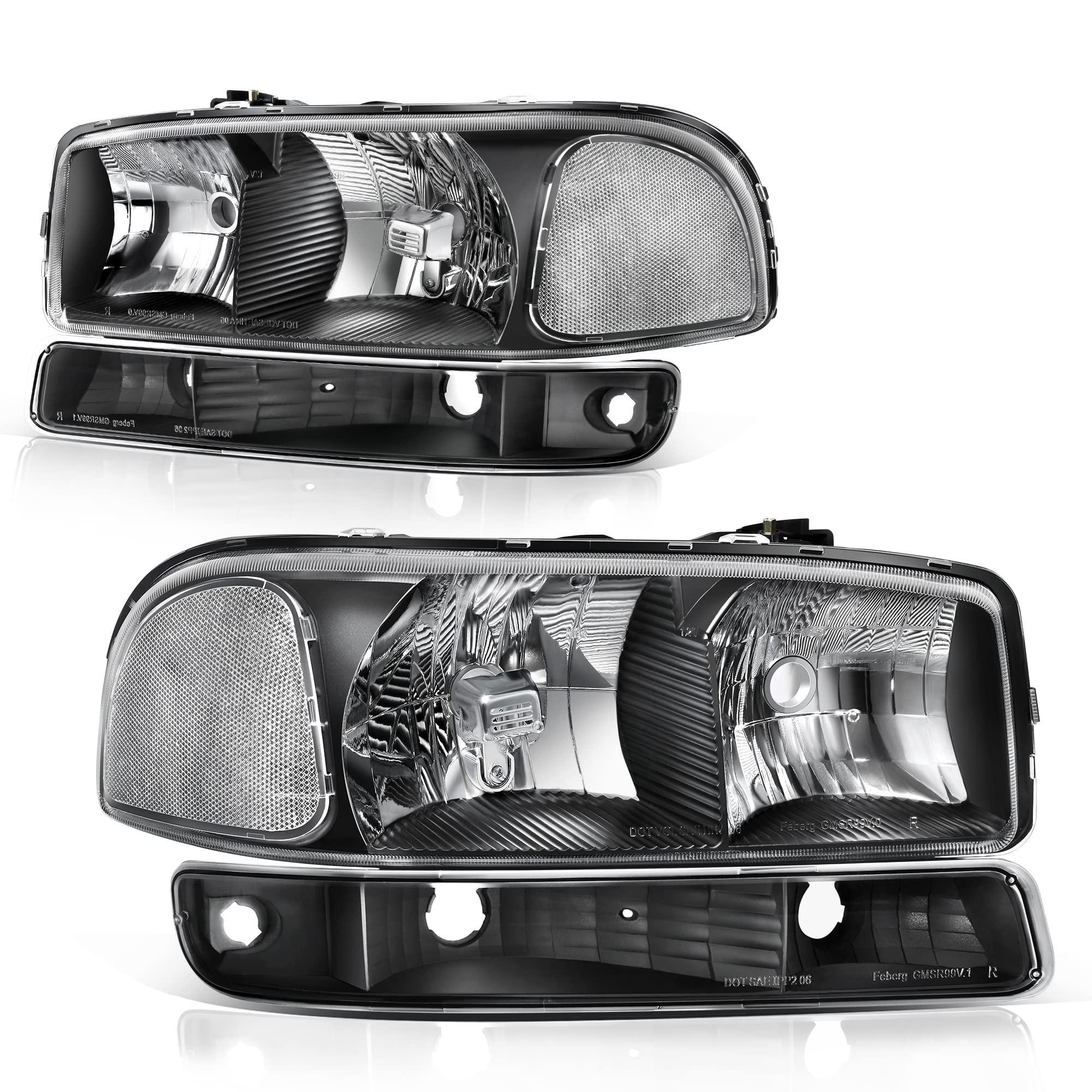 oEdRo Headlight Assembly Compatible with 1999 2000 2001 2002 2003 2004 2005 2006 GMC Sierra 1500 2500 3500/00-06 GMC Yukon Headlamp with Clear Lens Black Housing