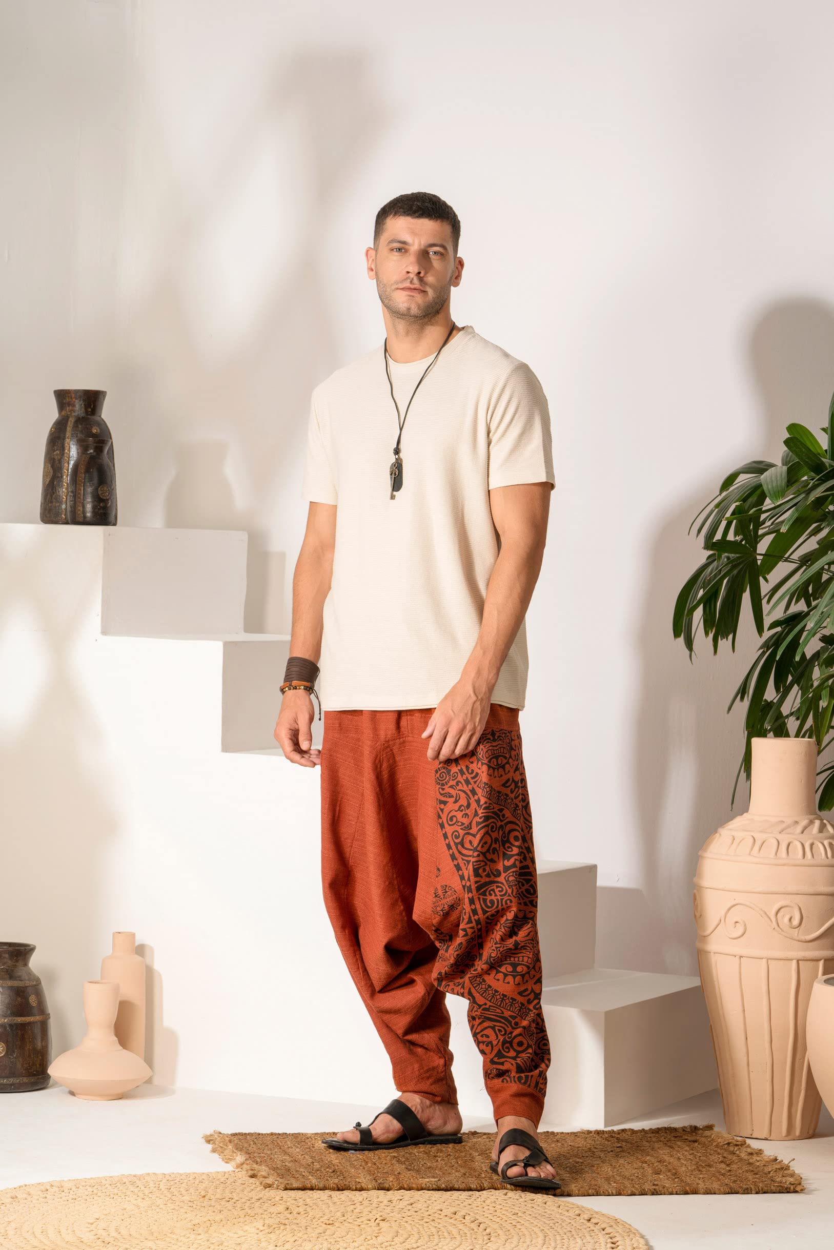 The Veshti Company Hippie Harem Pants for Men's Drop Crotch Tapestry Baggy Boho Printed Yoga Pajama Pant, Orange - Sacred Spirits, M 1