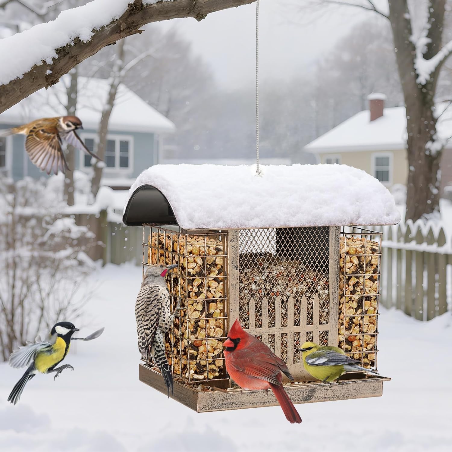 Suet Bird Feeder Outdoor Hanging with 2 Metal Mesh Cages - Attracts Woodpeckers, Finches, Sparrows - Wild Bird Feeder for Garden, Yard Decoration or Gift