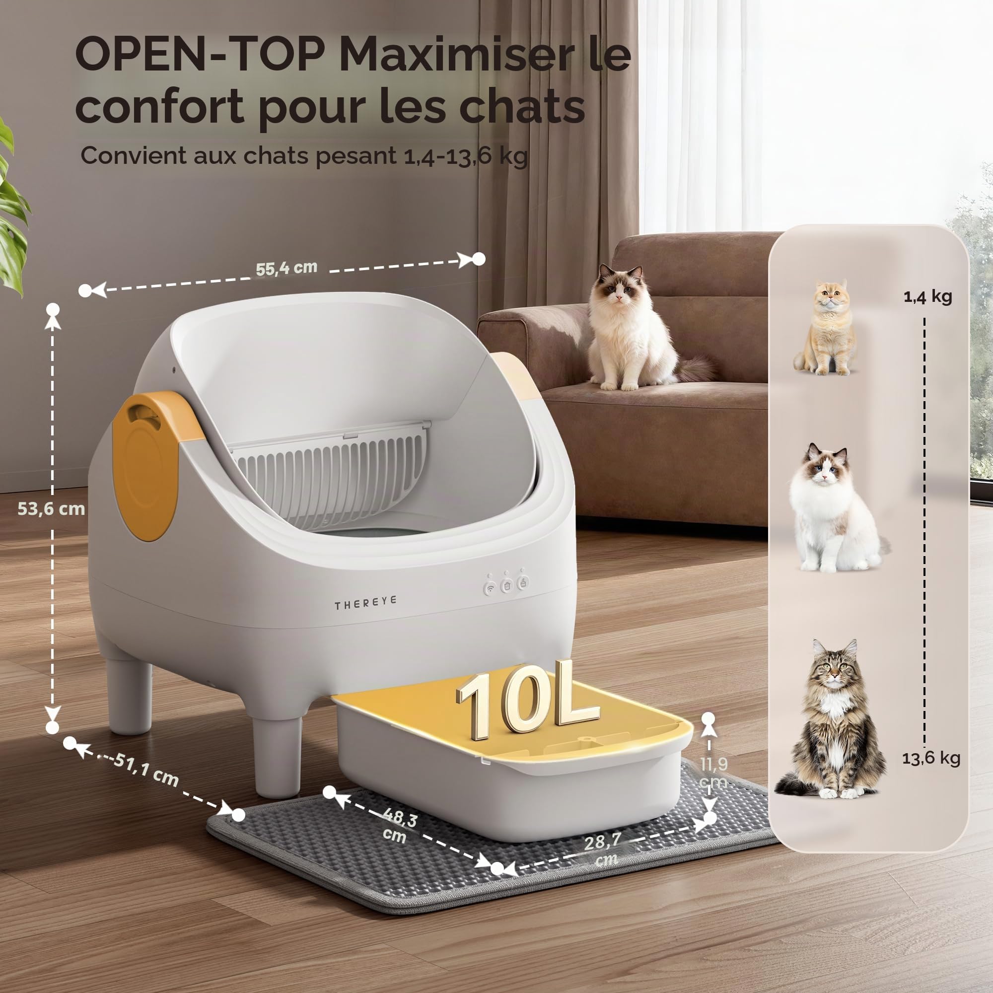 Thereye Litiere Autonettoyante App & Anti-Pincement | Litiere chat automatique capteurs securite, ouverture silencieuse, anti-odeur, compatible 1.5-12.5kg, triple anti-pincement.