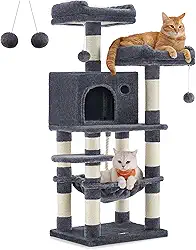 FEANDREA Árvore de gato moderna de 111,4 cm para gatos internos, condomínio para gatos em vários níveis com 5 postes de arranhar, poleiro, móveis para gatos, cinza fumê UPCT215G01