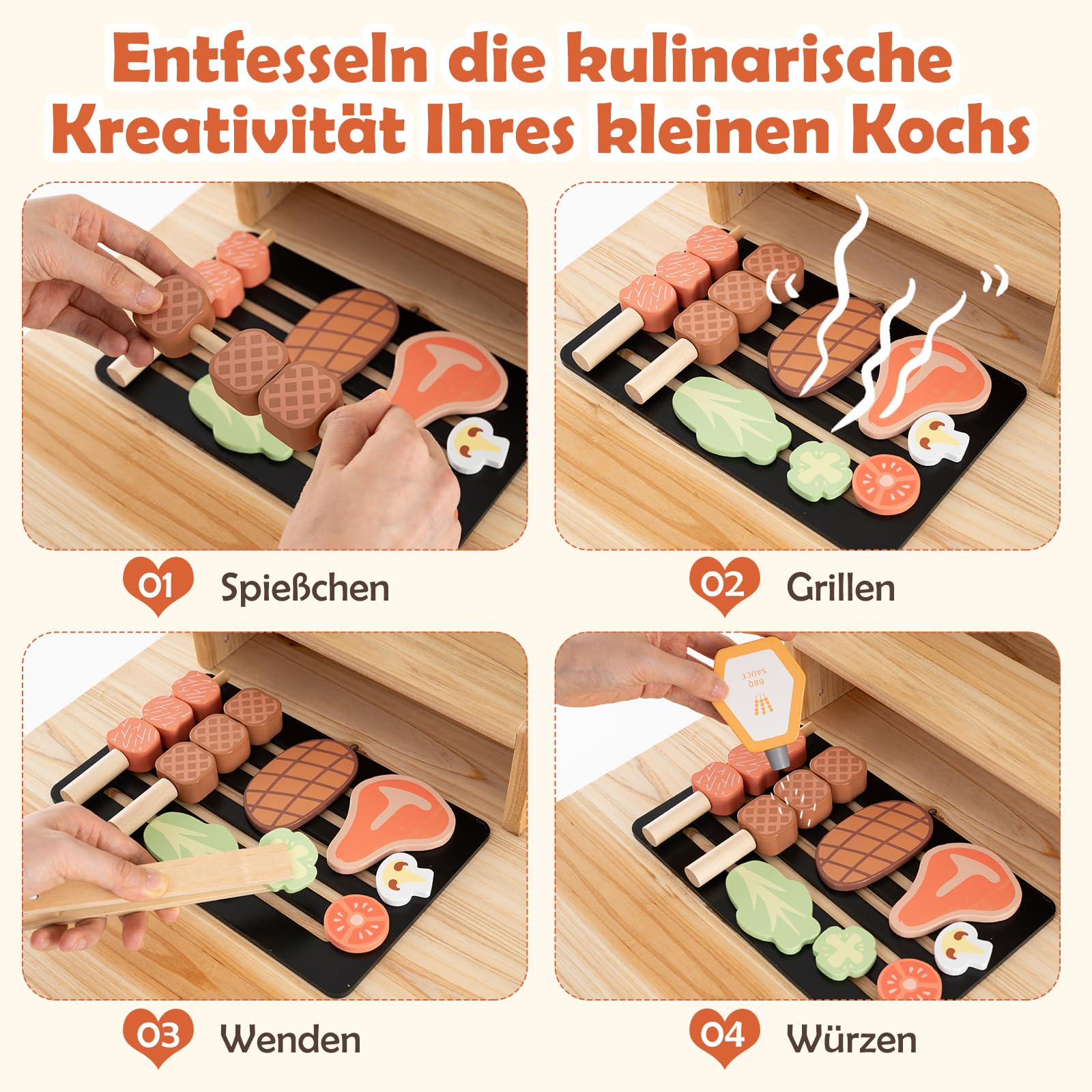 GOPLUS Matschküche Kinder mit Tafel, Kinder BBQ Grill Spielset mit Spielzeugessen, Grillwerkzeugen und Gewürzflaschen, Spielküche Kochspielset mit 27 TLG. Zubehör für Kinder ab 3 Jahren