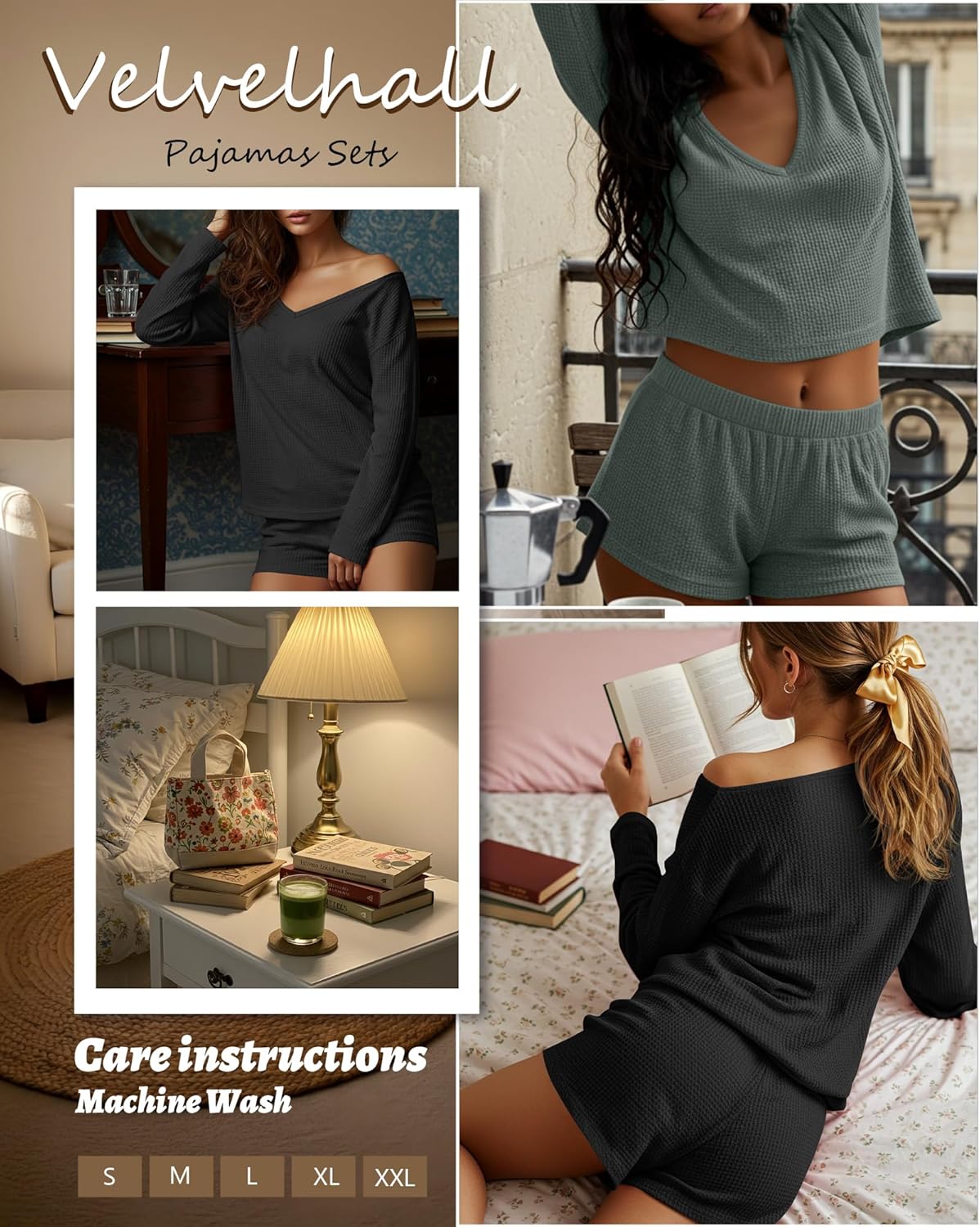 2 Pack Women's Waffle Knit Pajama Sets V Neck Long Sleeve Top and Shorts Lounge Set Loungewear with Pockets - Image 5