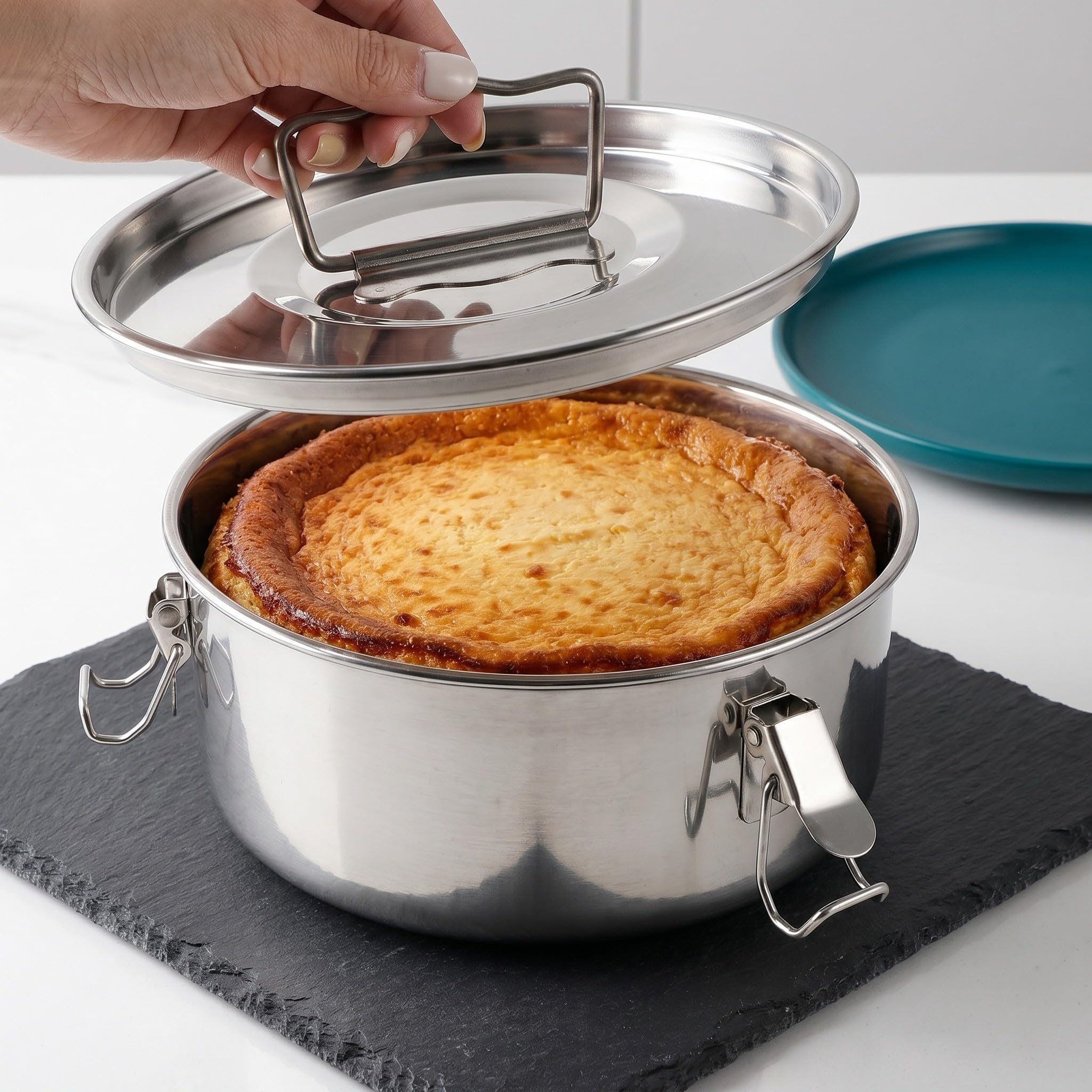 FOMIYES Molde para flan de acero inoxidable con tapa - Molde para flan con tapa y cierre, mango ergonómico, material antiadherente y espátula para tarta de queso, cupcakes, pudines y postres.