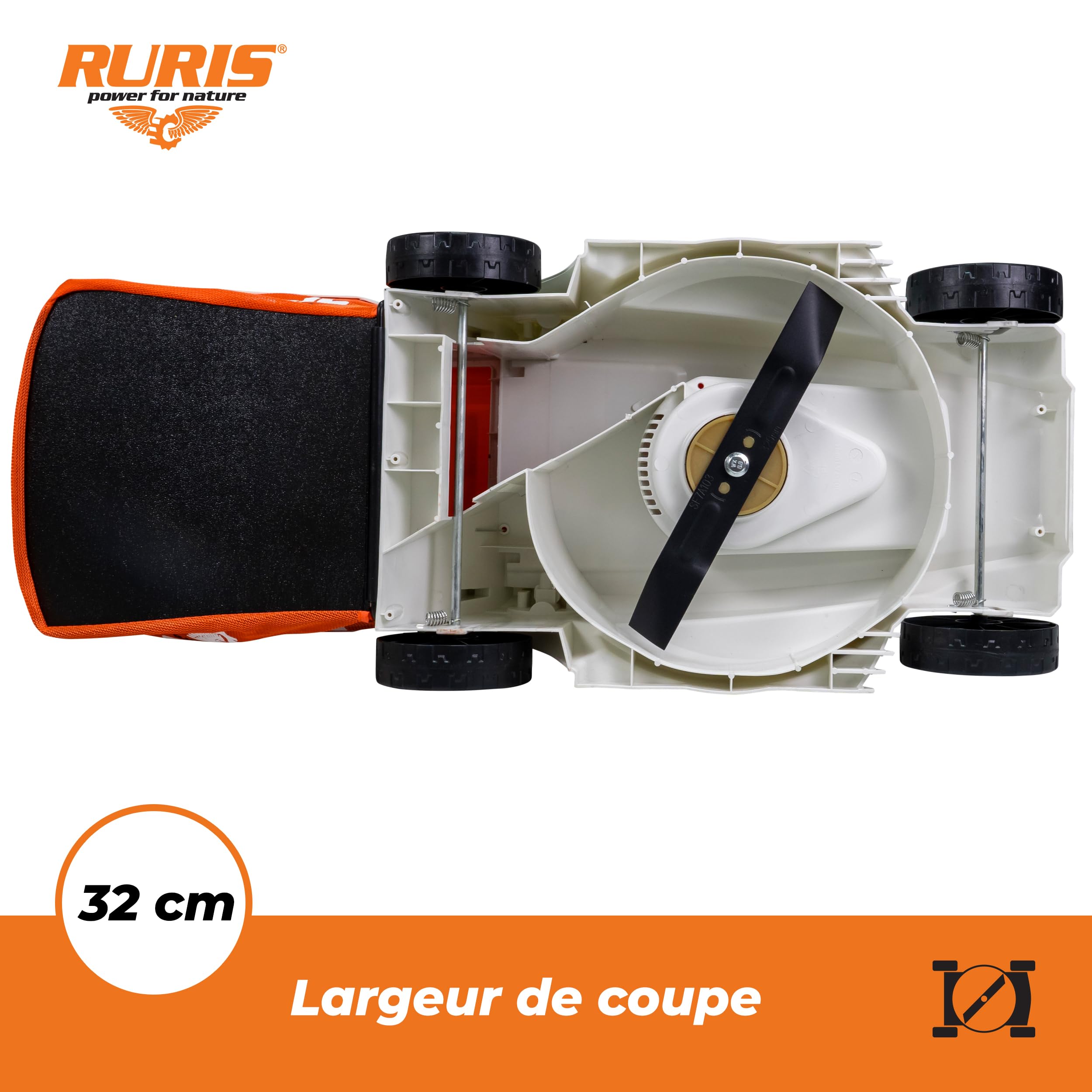 RURIS Tondeuse à Gazon Électrique RXE1200 1200W, Largeur de Coupe 320 mm, Hauteur Réglable 25/45/60 mm, Bac de Ramassage 30 L, 3100 TR/Min, Orange