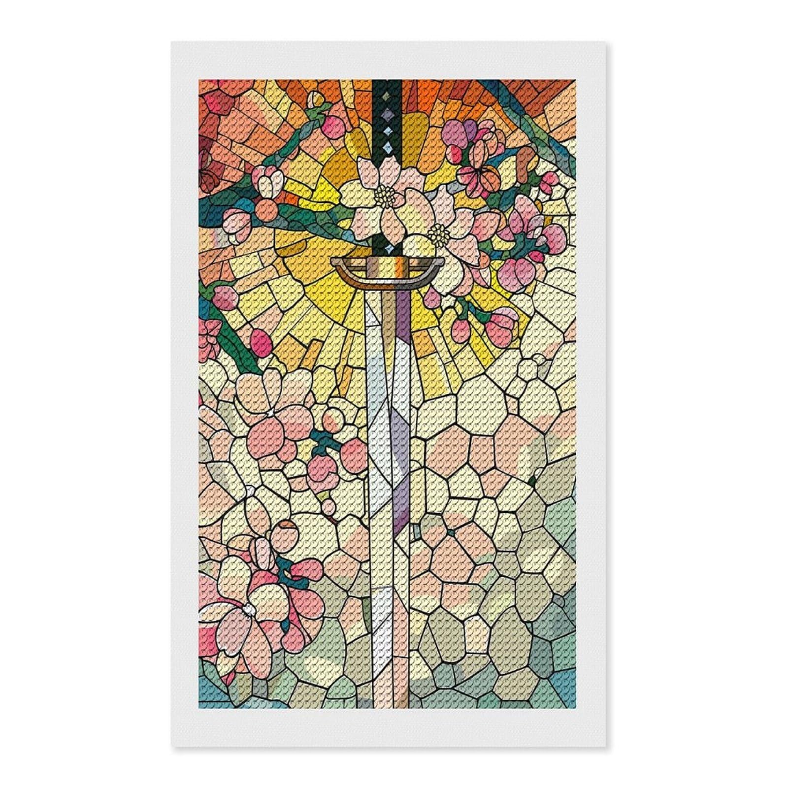 Junmoney Stained Glass Sword and Flowers Diamond Painting Canvas Set 12"x20", for Women, Mindful Craft Activity, Cosy Home Accent, Festive Craft Gift