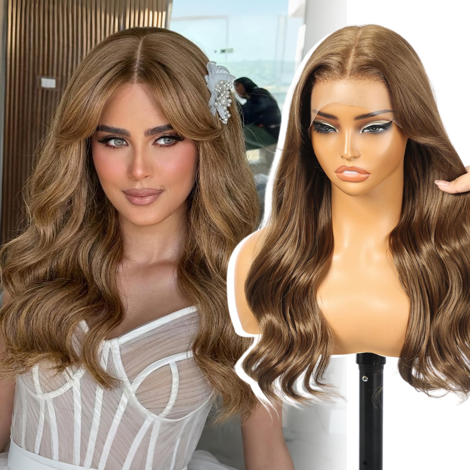 KOME Brown Synthetic Lace Front Wig,13×6 Curly Glueless Wigs for Women Daily Use 22IN（#912） Brown #912