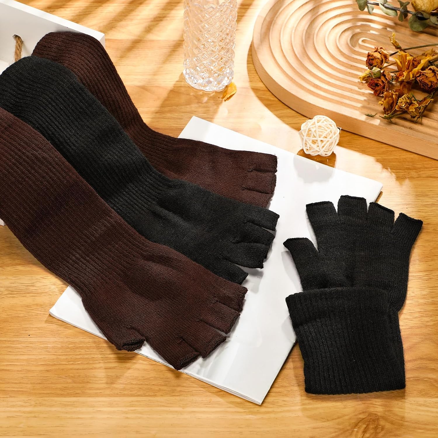 2 Pairs Winter Fingerless Gloves Long Thermal Knitted Mittens Stretchy Arm Warmers Half Finger Gloves for Men Women, 11 Inch - Image 4