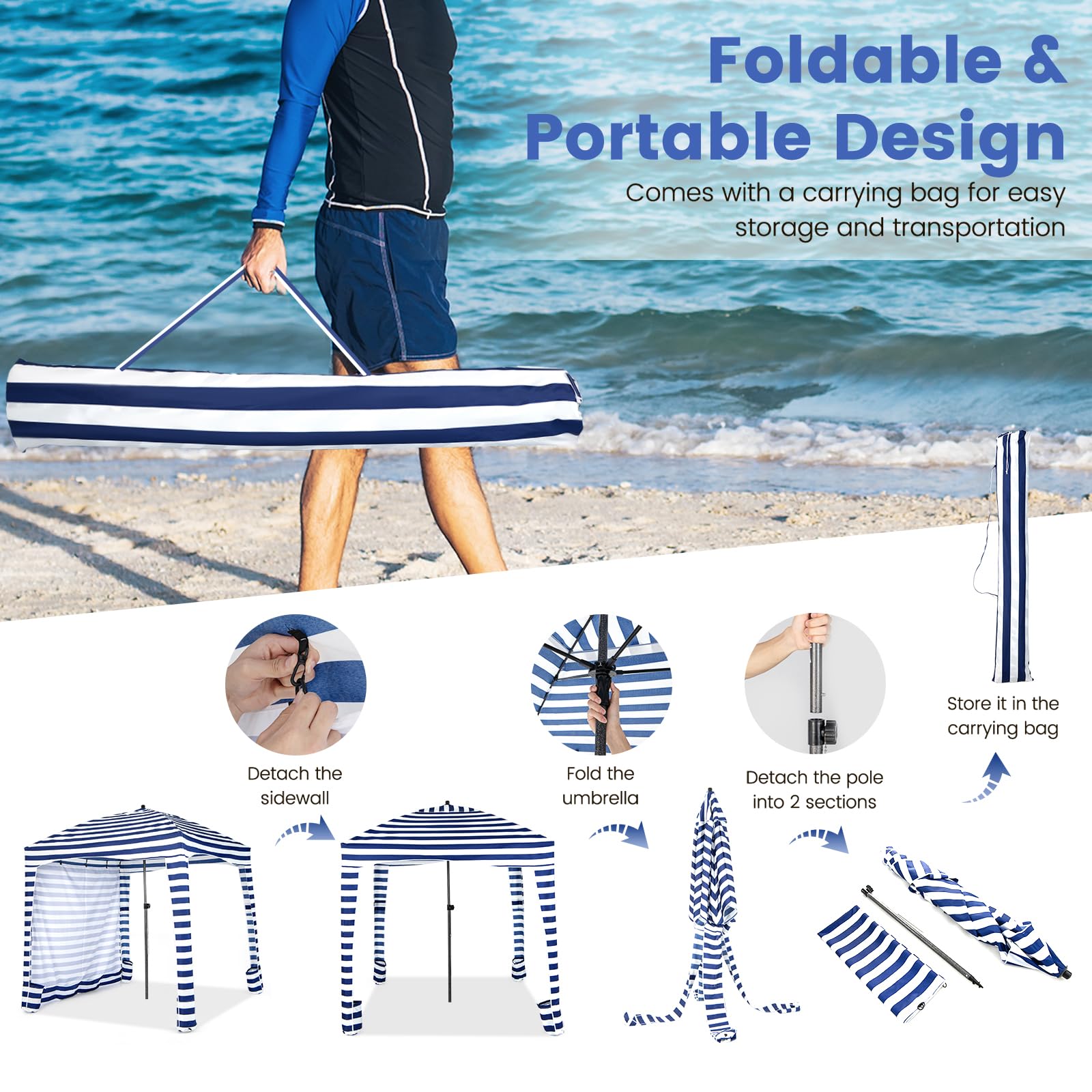 HOMASIS Tenda da Spiaggia Portatile 1,8 x 1,8 m, Parasole Spiaggia con Protezione Solare Regolabile in Altezza, Gazebo con Parete Laterale Rimovibile, Tenda con Borsa per il Trasporto (Blu HM)