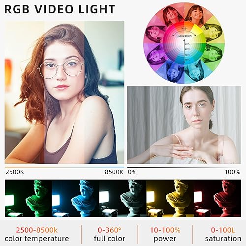 Miniatura 3 de Luz de video LED RGB, luz LED pequeña portátil en la cámara con trípode y soporte para teléfono, panel de luces de fotografía a todo color