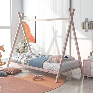 Epinki House Bed Tent Bed Frame Twin Size Metal Floor Play House Bed with Slat for Kids, No Box Spring Needed, Pink,