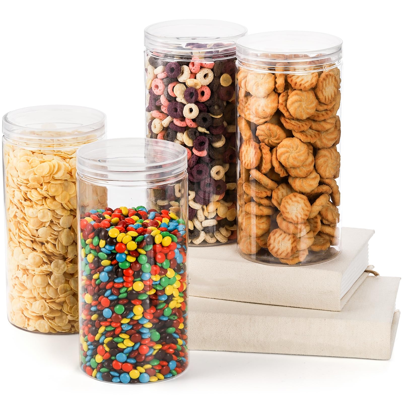 Paquete de 8 tarros de plástico transparente con tapa, tarros redondos de almacenamiento de dulces de 46 onzas, frascos grandes vacíos, cilindros altos de PET, recipiente de despensa de boca 4