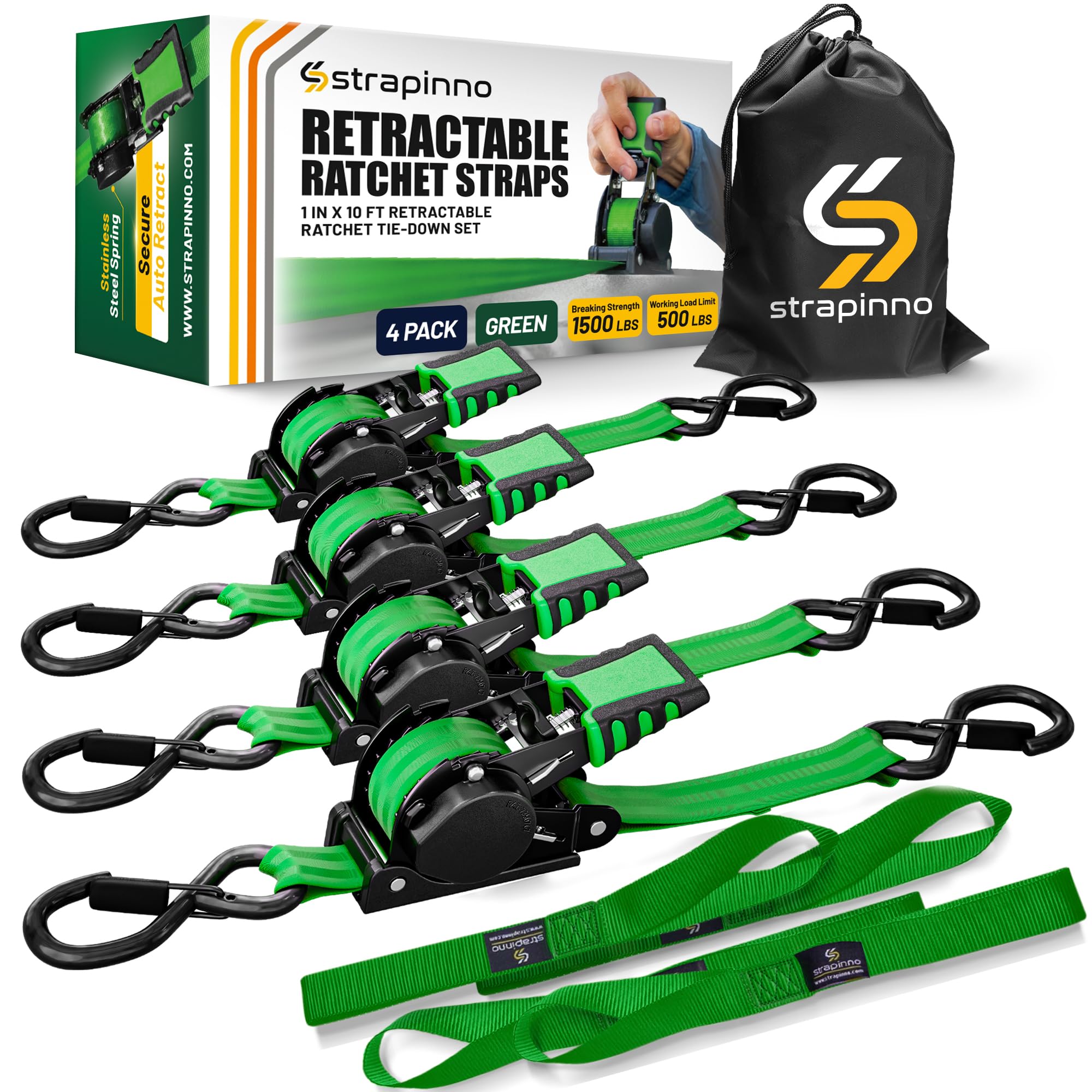 Strapinno Retractable Ratchet Straps 1 in x 10 ft, Secure Tie-Downs with Rubber-Coated Steel Handles, for Motorcycle, Jetski, Kayak, Breaking Strength 1,500LBS/680KG (Green Strap, Black Coated)