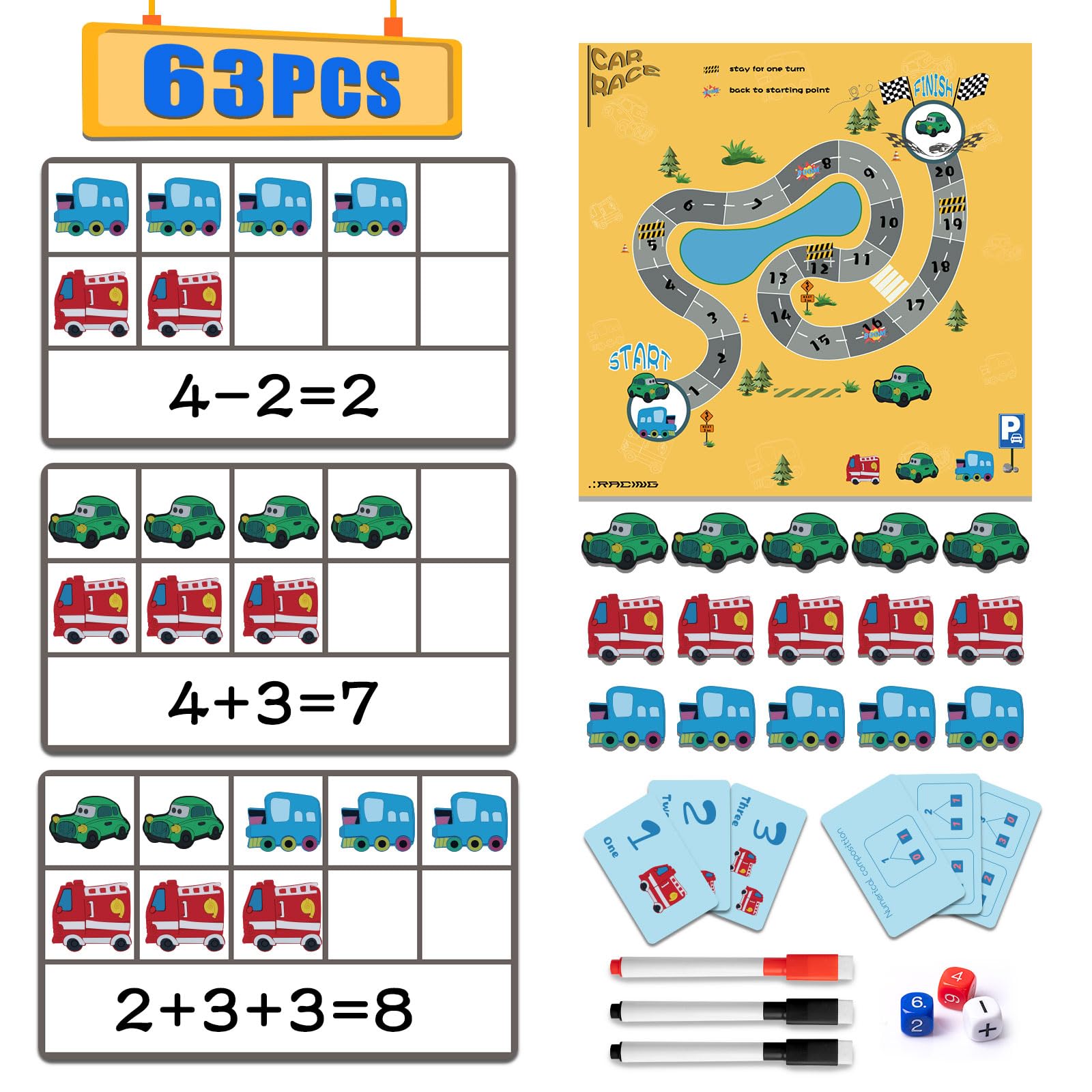 EVA Number Counting Cars - Magnetic Math Manipulatives, 63 PCS Ten Frame Math Toys for Kindergarten & Special Education