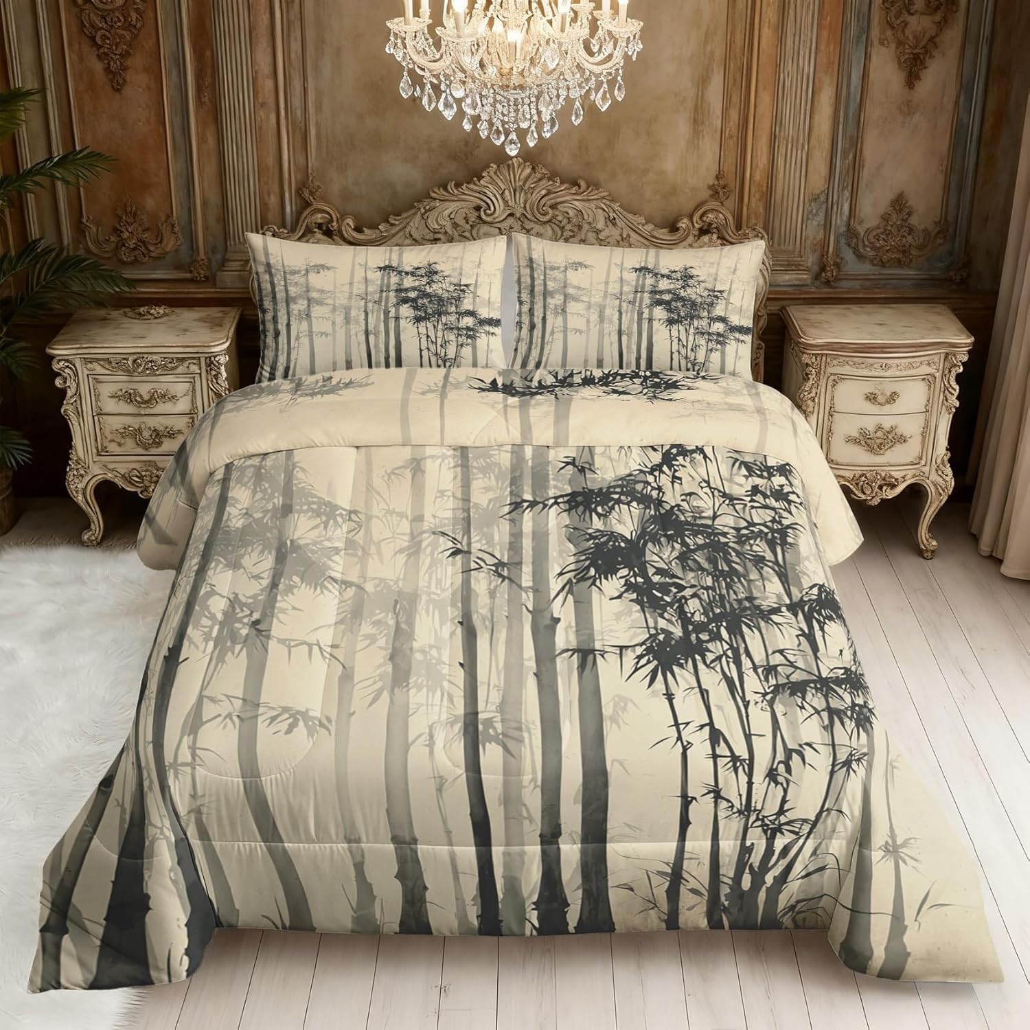 Couette sans housse 90x190 enfant lavable avec édredon microfibre motif forêt de bambous