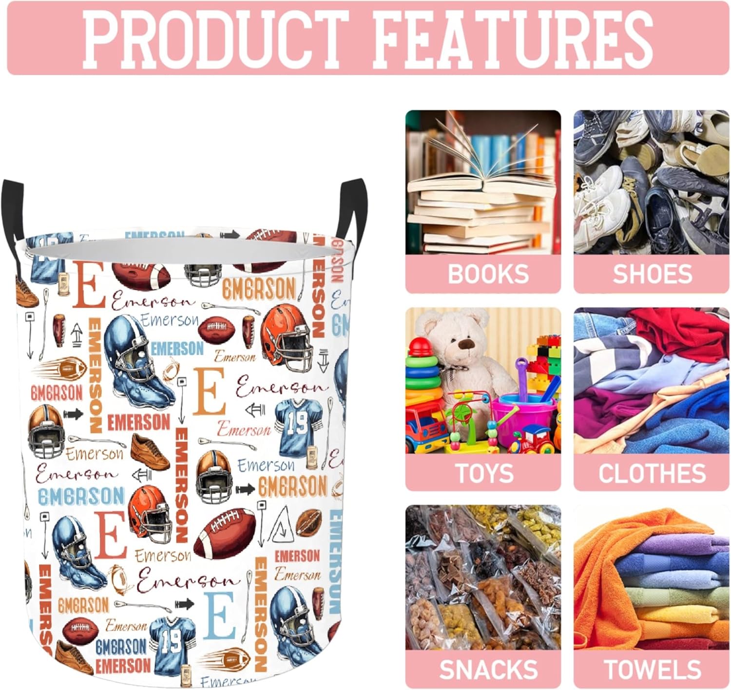 Football Laundry Basket,Personalized Laundry Hamper for Boys Girls,Custom Laundry Basket With Name, Customized Dirty Clothes Hamper for Bathroom Bedrooms,M-19.5"X 15.7"