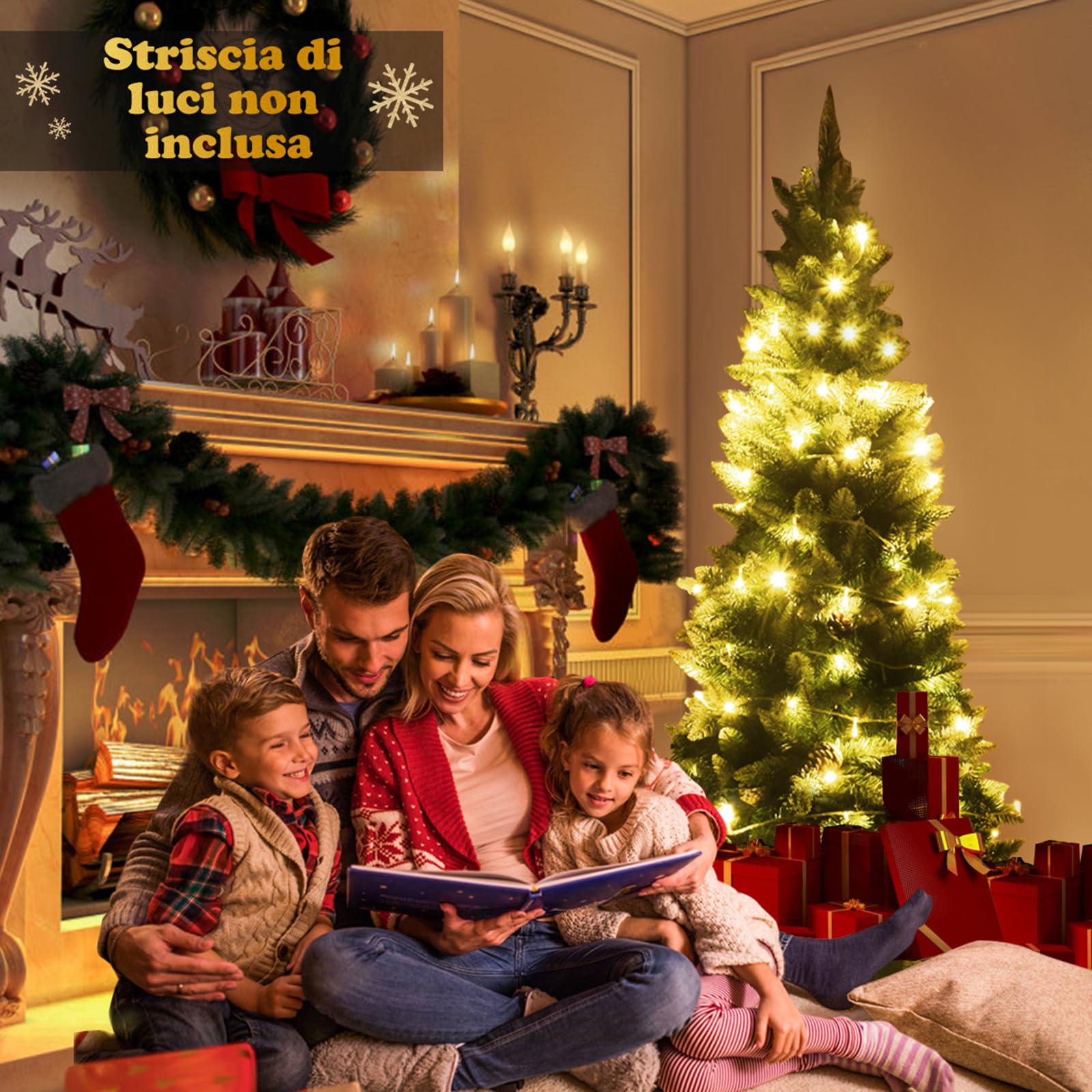 COSTWAY Albero di Natale Innevato 180/220 cm, Albero di Natale Slim con Pigne, Base di Metallo e Rami Rigogliosi in PVC, Ideale per Casa, Ufficio e Negozio (180 cm)