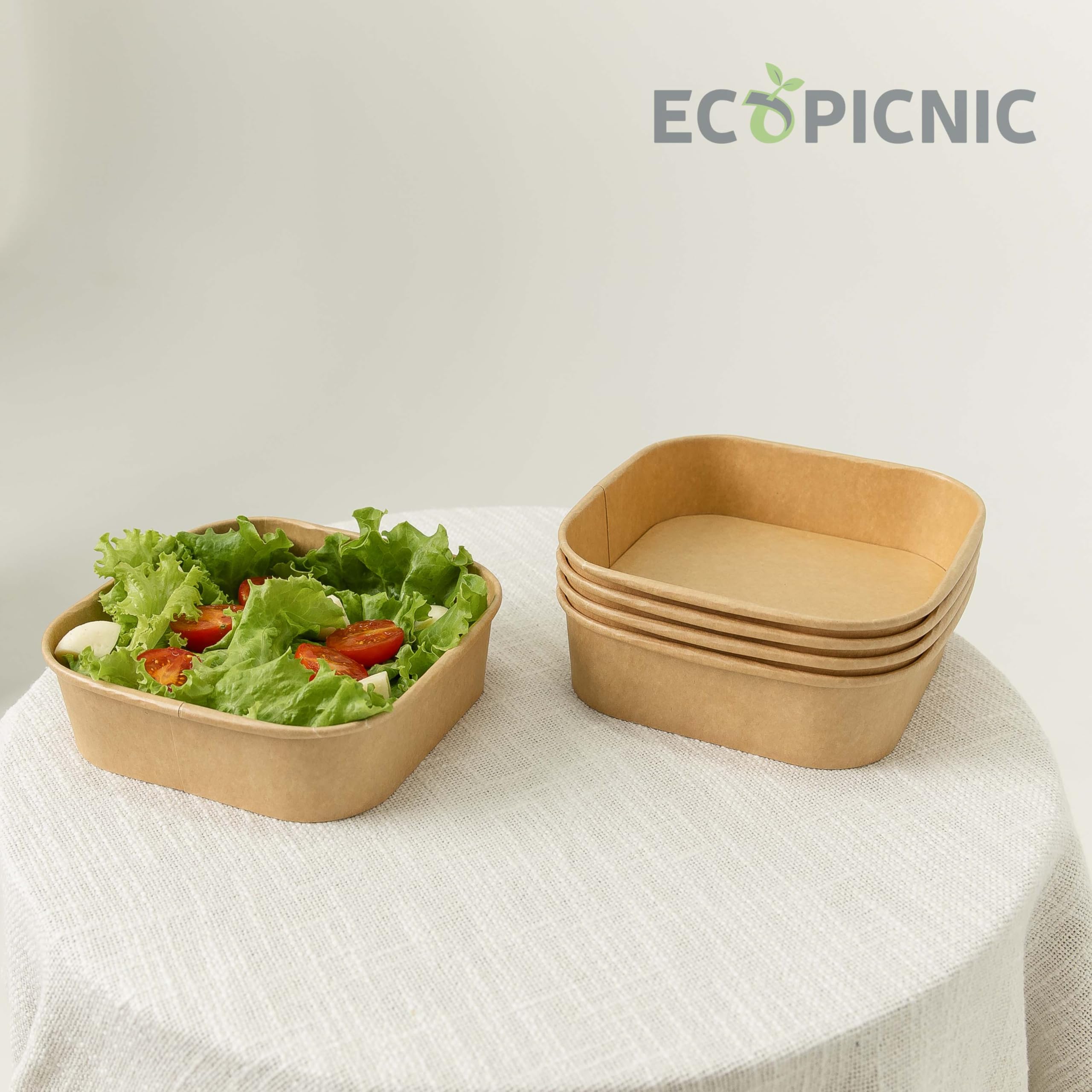 Lot de 50 saladiers carré 1000 ML jetables | Barquettes Alimentaires sans Couvercle pour salades, Repas à emporter, Plats Chauds ou froids, Emballage écologique en Carton