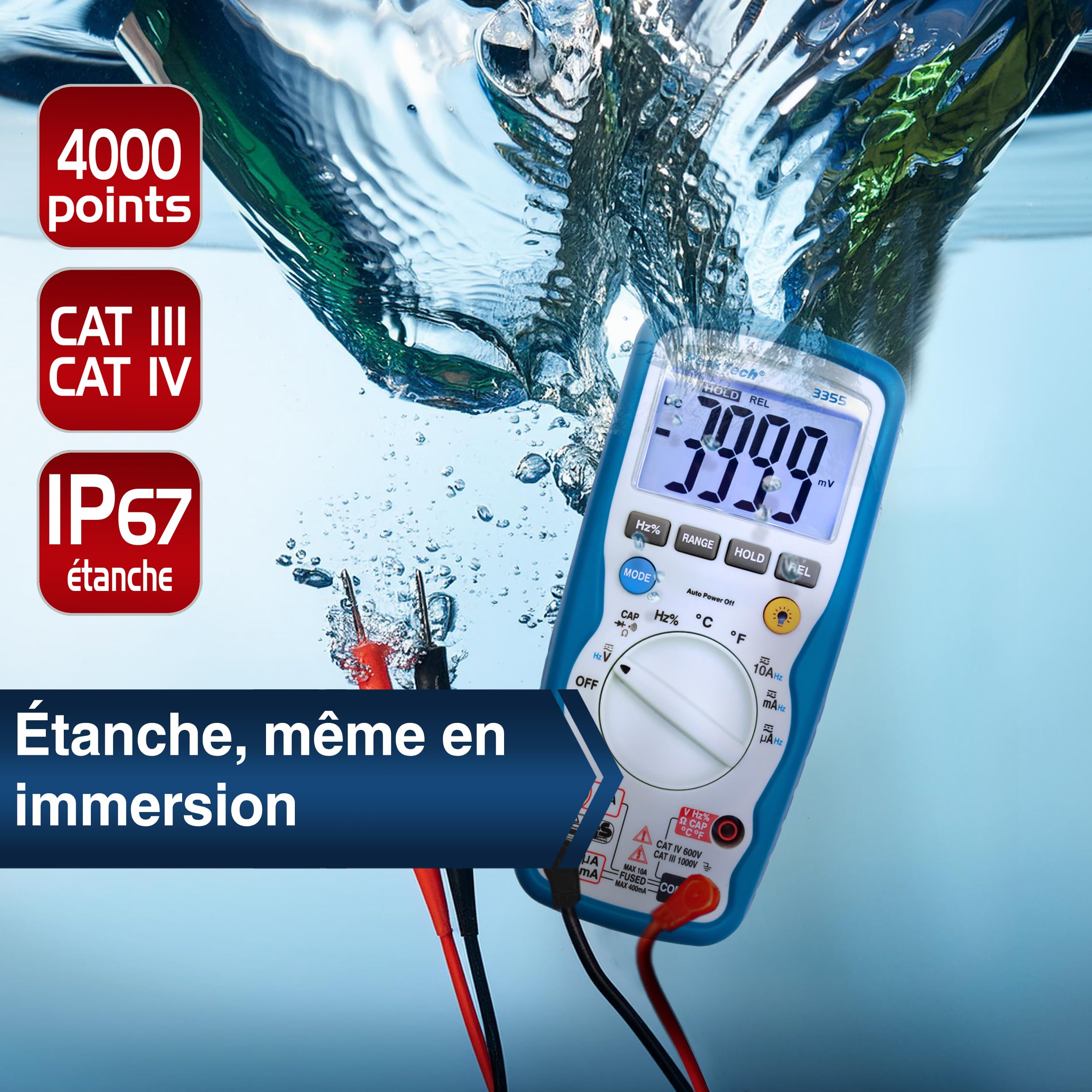 PeakTech 3355 Multimètre Numérique, étanche (IP67), écran LCD, 4000 points, Plage Automatique, Conservation des Données REL, Voltmètre, Testeur de Continuité, Appareil de Mesure - CAT III 1000 V