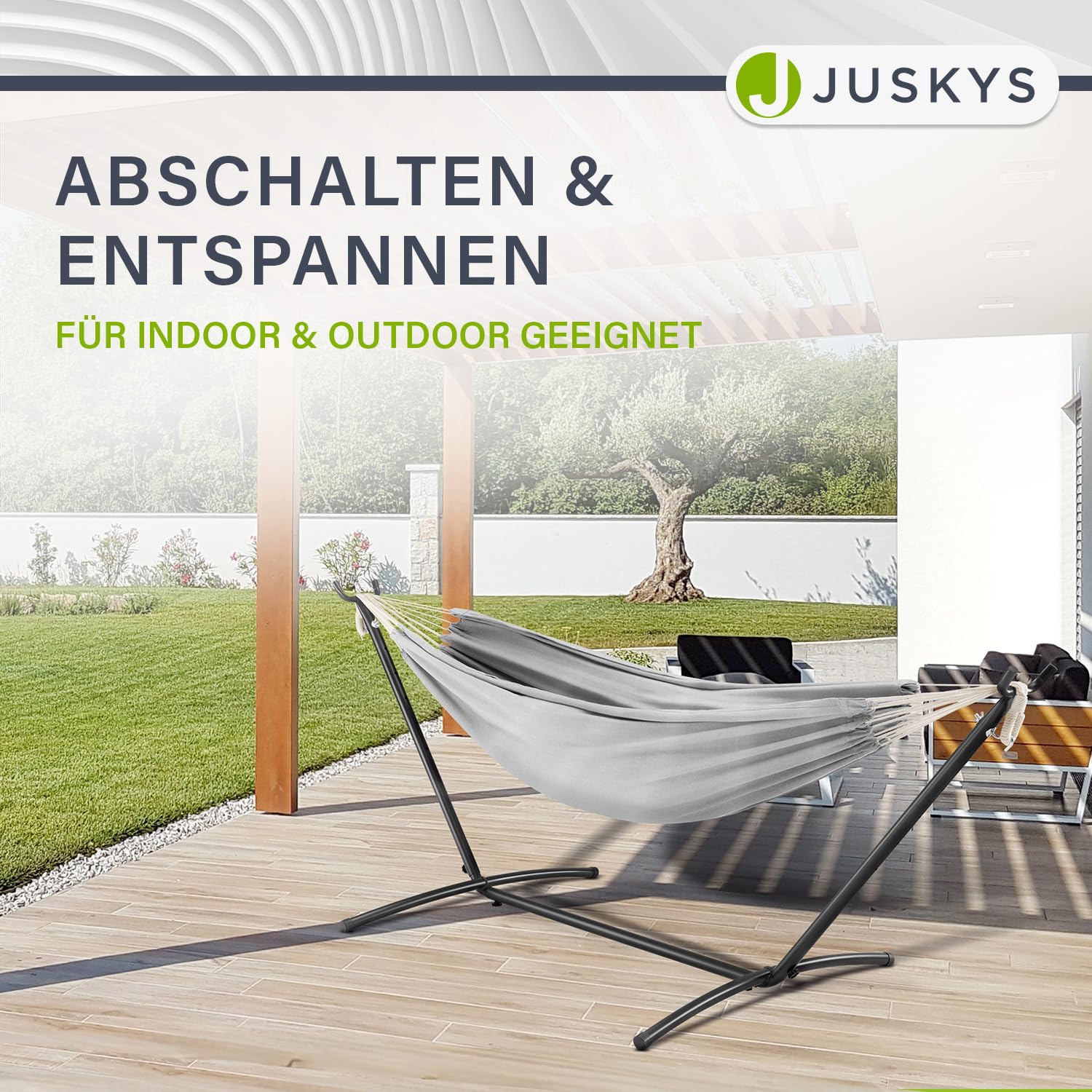 Juskys Hängematte Paya mit Gestell - Outdoor Doppelhängematte für 2 Personen - Ständer bis 200kg belastbar - Indoor doppel Hängeliege - Hellgrau