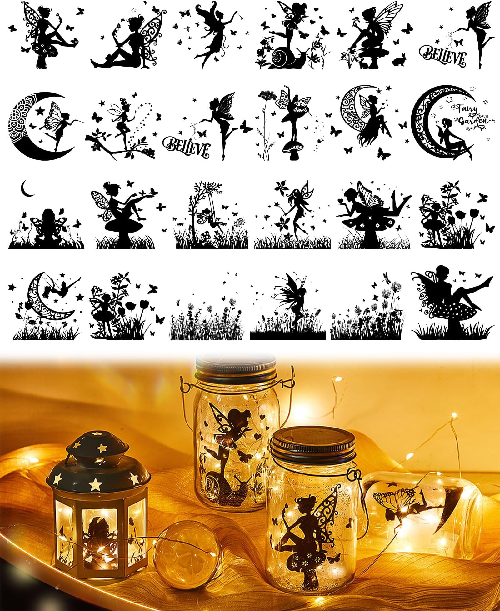 Lewtemi24 Pcs Plastic Laser Cutouts for Mason Jars, 3.94x3.54 Inch Silhouette Ornaments - DIY Crafts & Scrapbook Supplies for Lantern Decor, Not Stickers(Fairy)