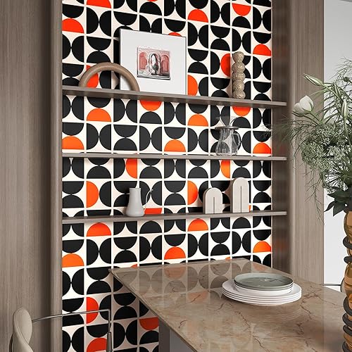 Miniatura 3 de CHIHUT Papel tapiz geométrico para despegar y pegar, 17.7 x 100 pulgadas, semicírculos, extraíble, autoadhesivo, papel de contacto geométrico