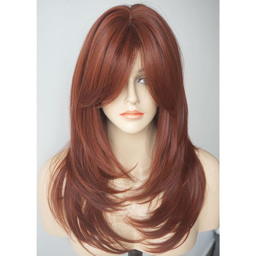Long Layered Copper Brown wig Synthetic wig layered Auburn Wigs with side bangs for White Women (3315)