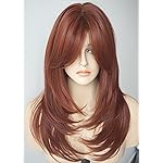 Long Layered Copper Brown wig Synthetic wig layered Auburn Wigs with side bangs for White Women (3315)