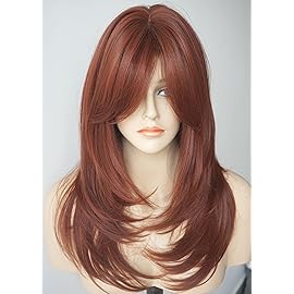 Long Layered Copper Brown wig Synthetic wig layered Auburn Wigs with side bangs for White Women (3315)
