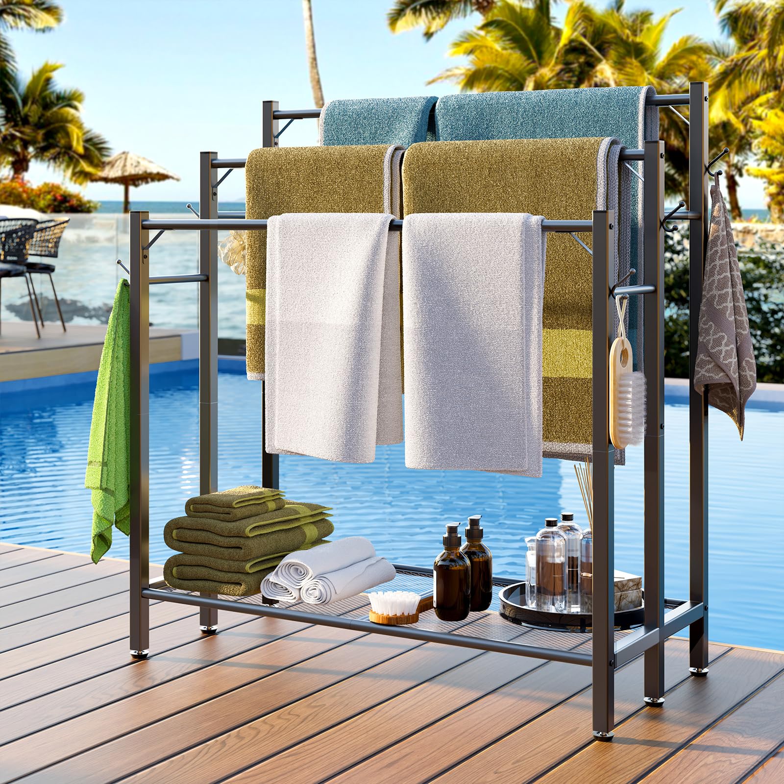 HavenlyYouth Free Standing Towel Rack, 3 Tier Pool Towel Rack with Large Storage & 6 Hooks, Blanket Drying and Display Rack for Oversized Bath Towels,Towel Stand for Bathroom Pool Indoor Outdoor