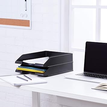 Amazon Basics Rectangular Stackable Office Letter Trays, Pack of 2, Black, 33.8 x 25.4 x 6.3 cm