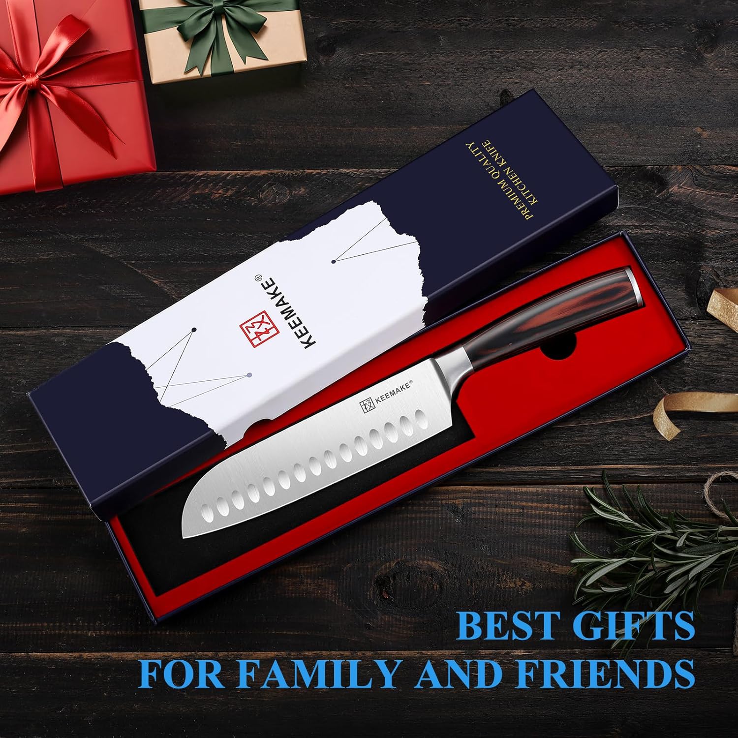 KEEMAKE Chef Santoku Knife - 7 Inch Ultra Sharp Kitchen Knife with Stainless Steel Blade for Cooking Meat Fruit Vegetable with Ergonomic Pakkawood Handle and Gift Box Included