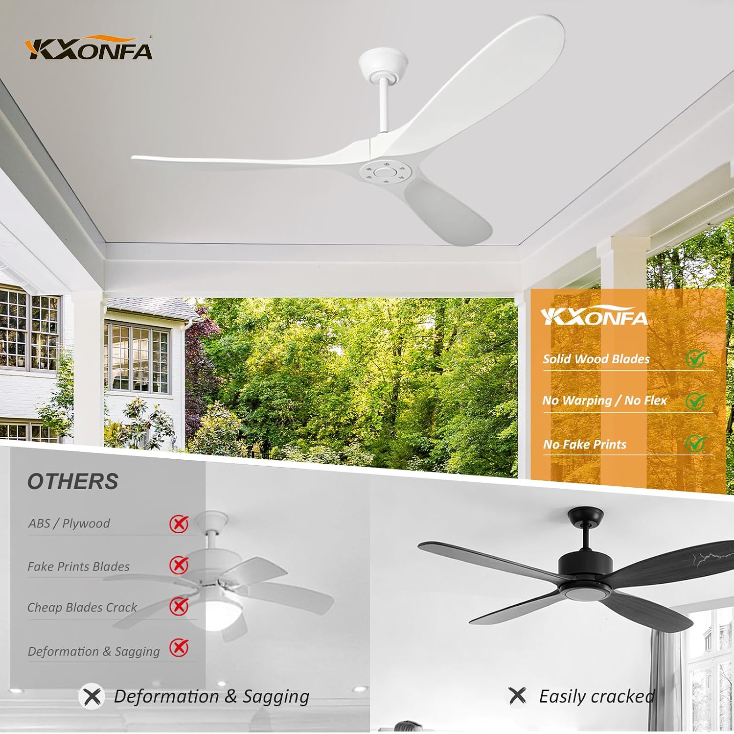 Solid Wood Ceiling Fans Without Light, 72 inch Real Wood Ceiling Fan with 6-Speeds 3 Wood Blades, Indoor Outdoor Ceiling Fans for Garage, Farmhouse, Living Room, Bedroom, Office