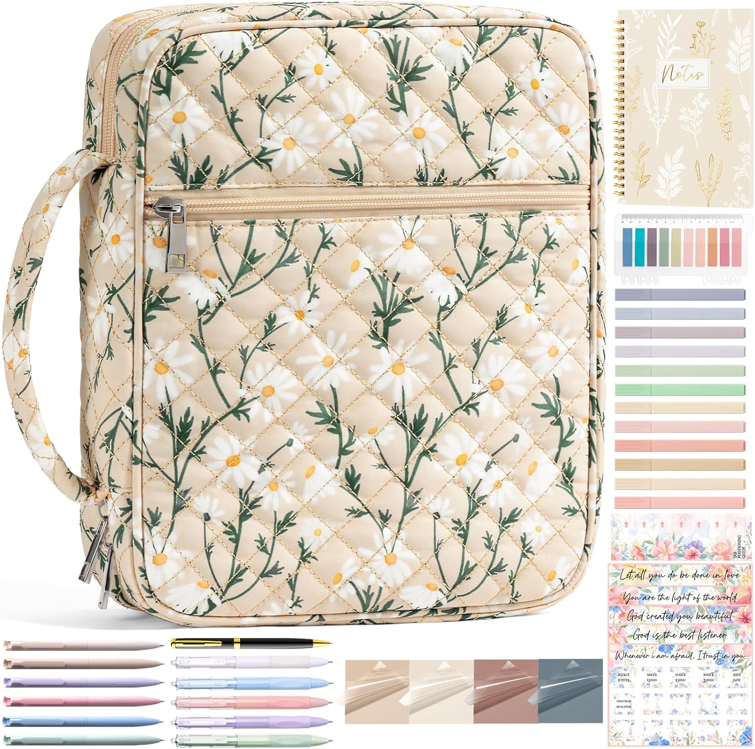 Bible Cover Case for Women Large Bible Bag, Bible Study Supplies Journaling Kit Quilted Church Bag with Handle, Puffer Book Carrying Case w/Tabs Accessories Mothers Day Christian Gifts for Women Mom