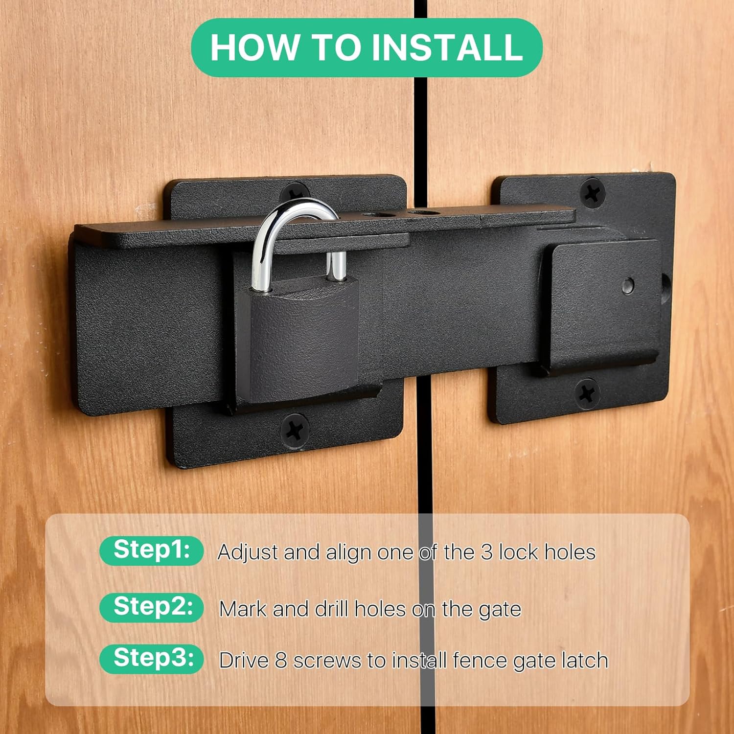 Supkiir 9" Flip Gate Latch Lock with 3 Padlock Hole, 4mm Heavy Duty Aluminum Alloy Barn Door Lock, Adjustable Gate Latch for Outdoor Fence Shed Garage Yard Double Sliding Swing Gate, Black