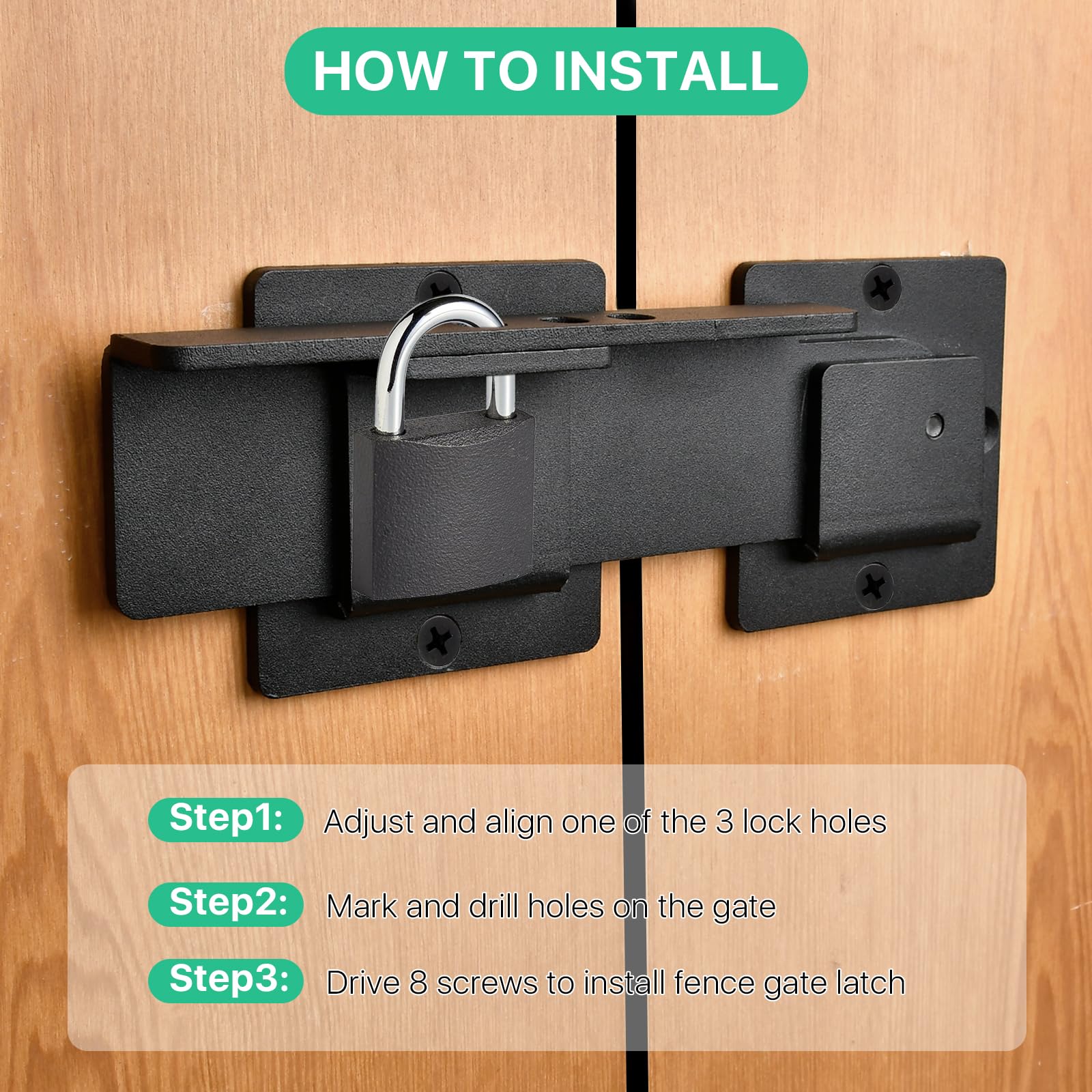 Supkiir Cerradura de puerta abatible con agujeros para candado, cerradura de puerta de granero de aleación de aluminio resistente de 4 mm, cerradura de puerta ajustable para valla al aire libre,