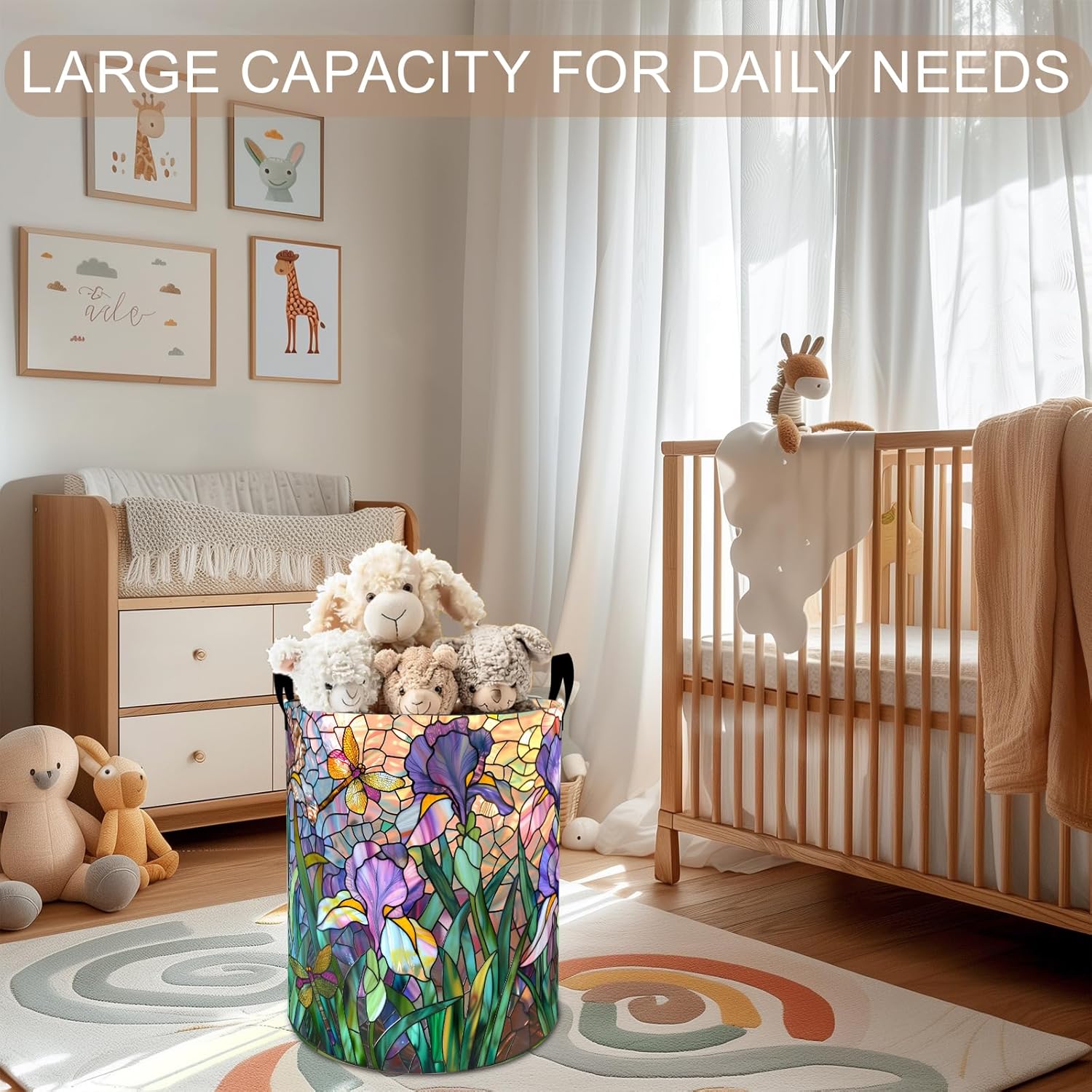 Stained Glass Iris Flower Laundry Basket Hamper 19.7"x15.8", Foldable Waterproof Oxford Clothes Storage Bucket for Room Bathroom Bedroom Nursery Decor, Toy Organizer Bins Gifts for Kids Boys Girls