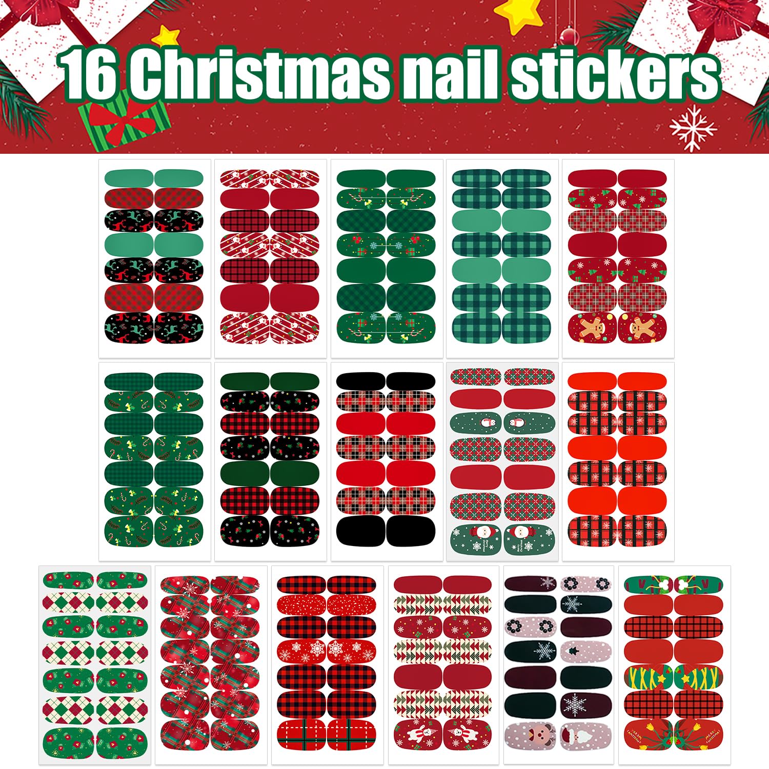 WOKOTO 16 Sheets Christmas Nail Polish Stickers Nail Strips for Women - Santa Claus, Elk, Snow Man, Christmas Tree Designs