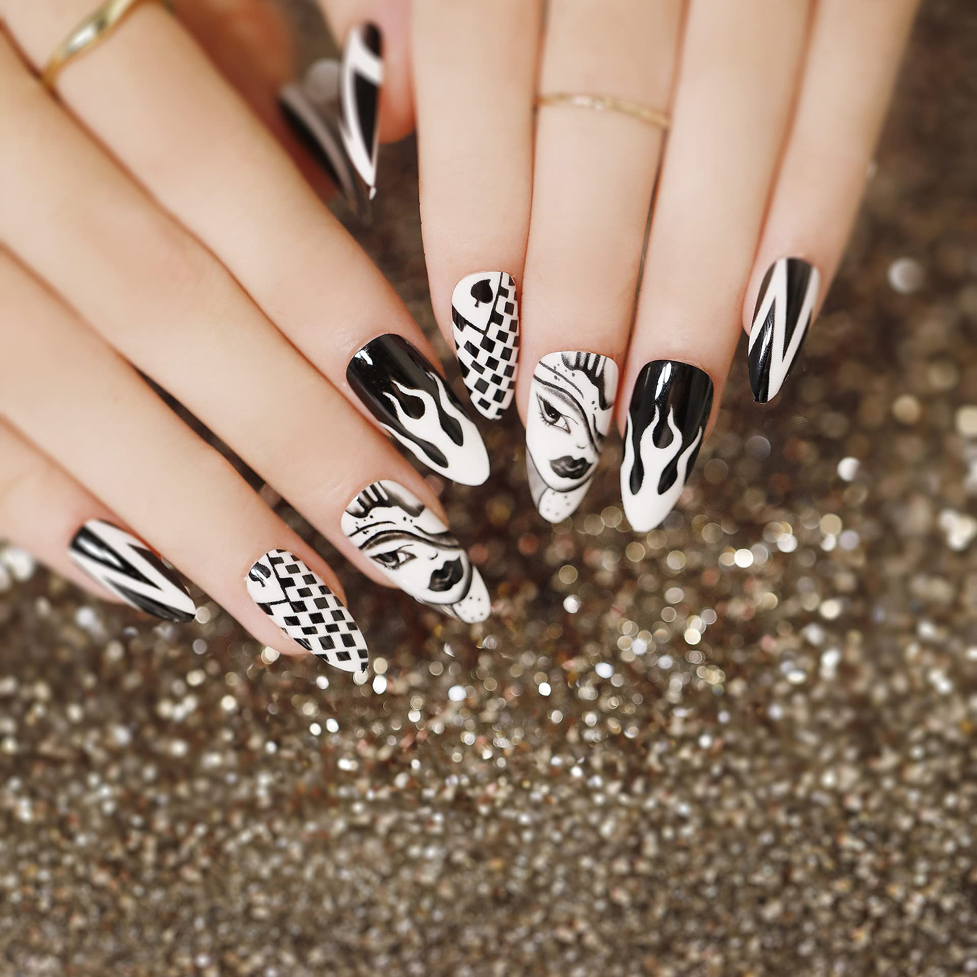 AKAZI Bling Press on Nails, uñas postizas con Acabado Reutilizable de Lujo, Arte de uñas Hecho a Mano con diseño de manicurista con Licencia (K) (E)