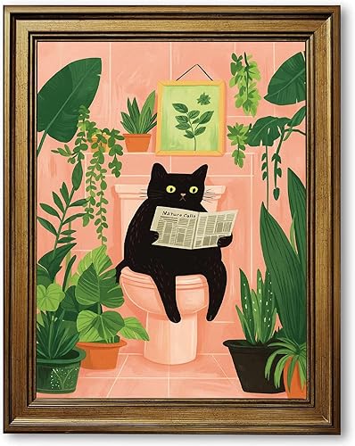 Framed Black Cat Reading Newspaper Poster Canvas Print Art, Funny Quirky Painting, Wall Decor, Wall Art, Pictures, Art Print for Bathroom, Apartment