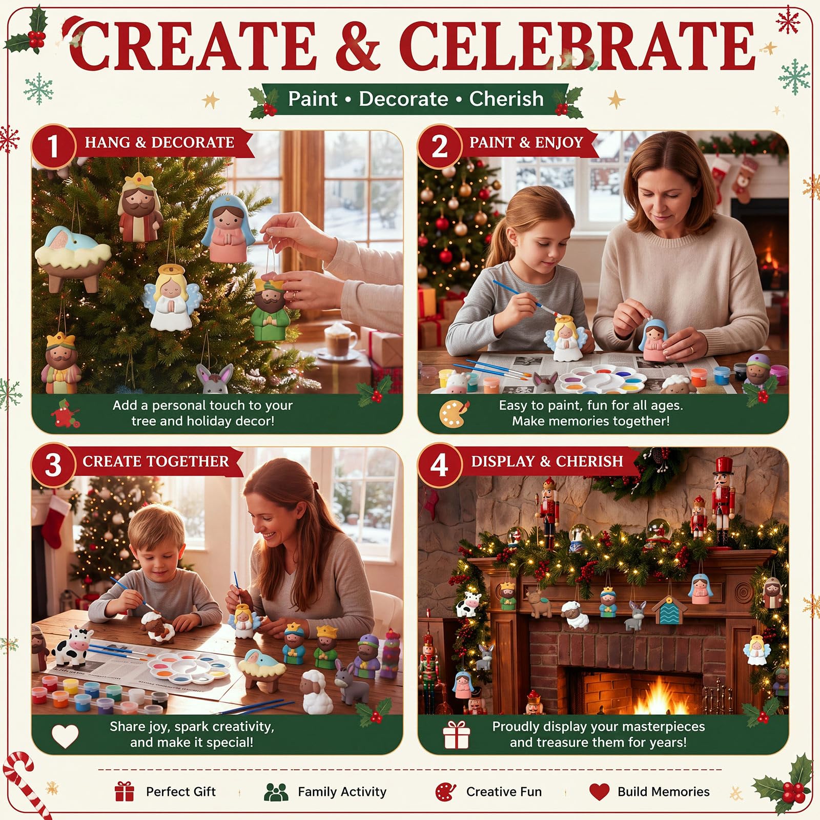 Soulchen Lot de 24 kits de peinture en céramique pour crèche de Noël - Peinture religieuse sur le thème de la naissance de Jésus - Décorations pour les vacances à faire soi-même - Kit d'activités de