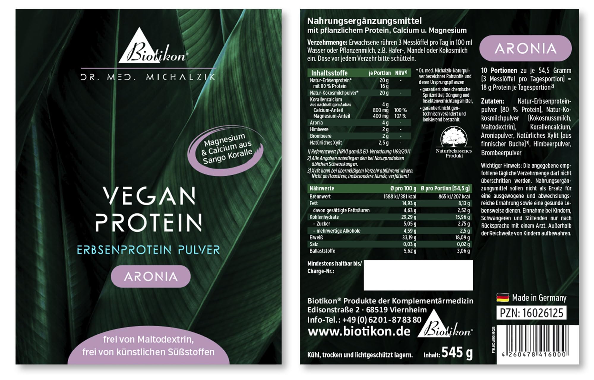 Proteine 3er-Pack Aronia Kakao Kokos, 20 g Erbsenprotein, 1600 g Pulver | Mit Erbsenprotein, Kokosmilchpulver, Calcium und Magnesium • eigene deutsche Produktion • ohne Zusätze