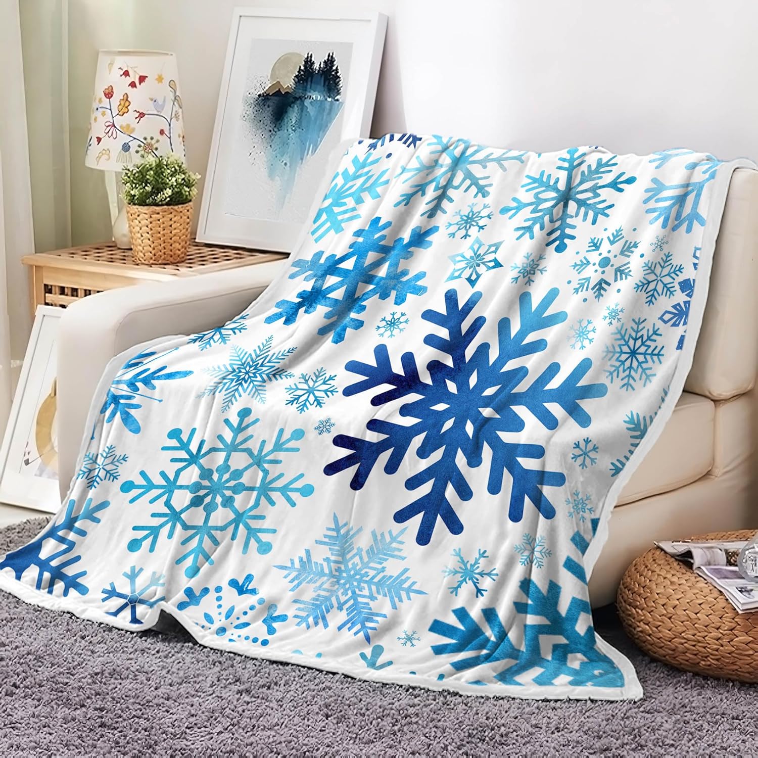 Wathon Christmas Blue Snowflake Throw Blanket, Winter Holiday Soft Warm Cozy Plush Comfy Blanket for Couch Bed Sofa, Fleece Flannel Throws Blue Home Decor