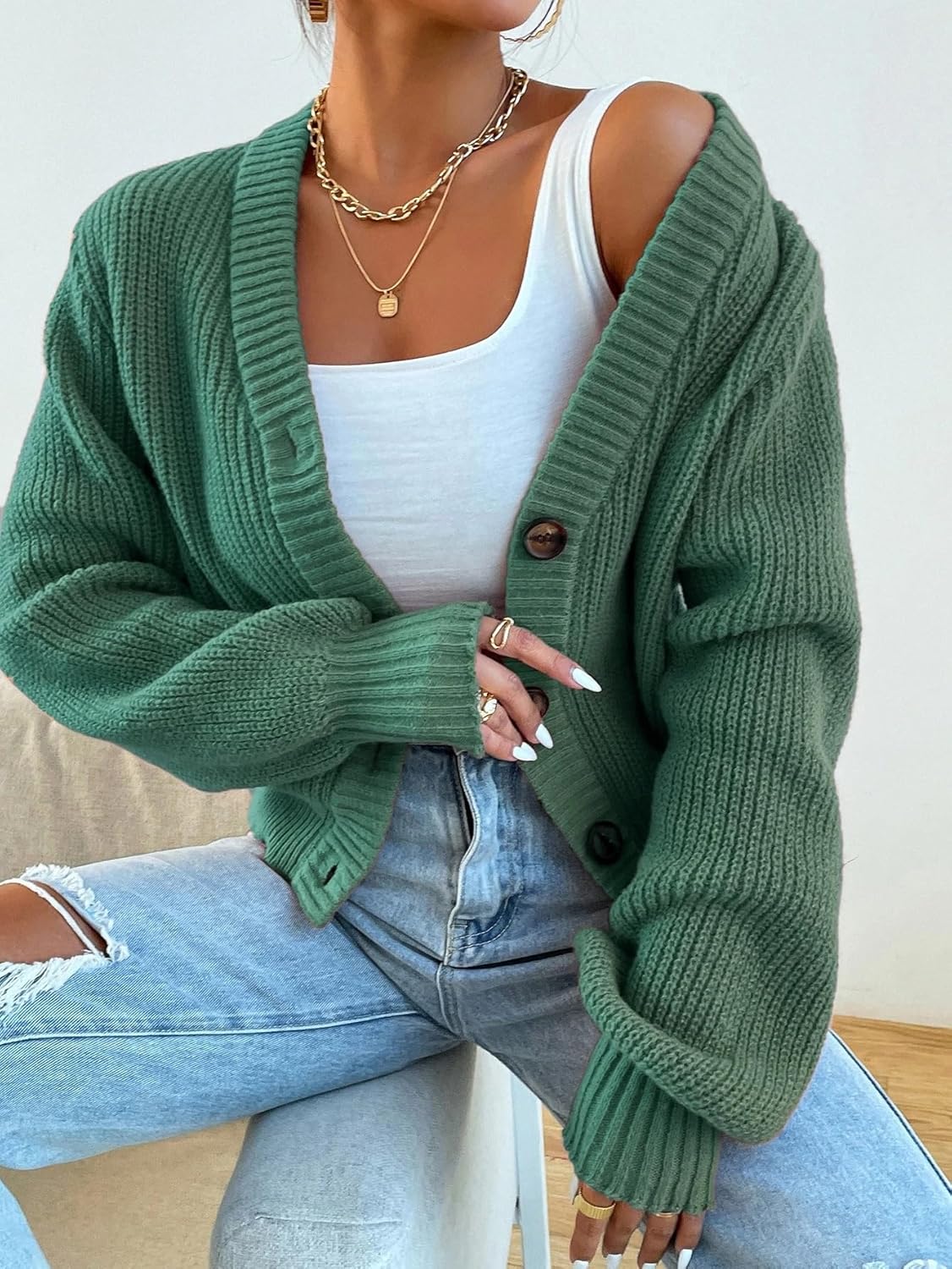 Women's Trench Coat Casual Bishop Sleeve Button Front Cardigan Long Sleeve V Neck Classic Overcoat