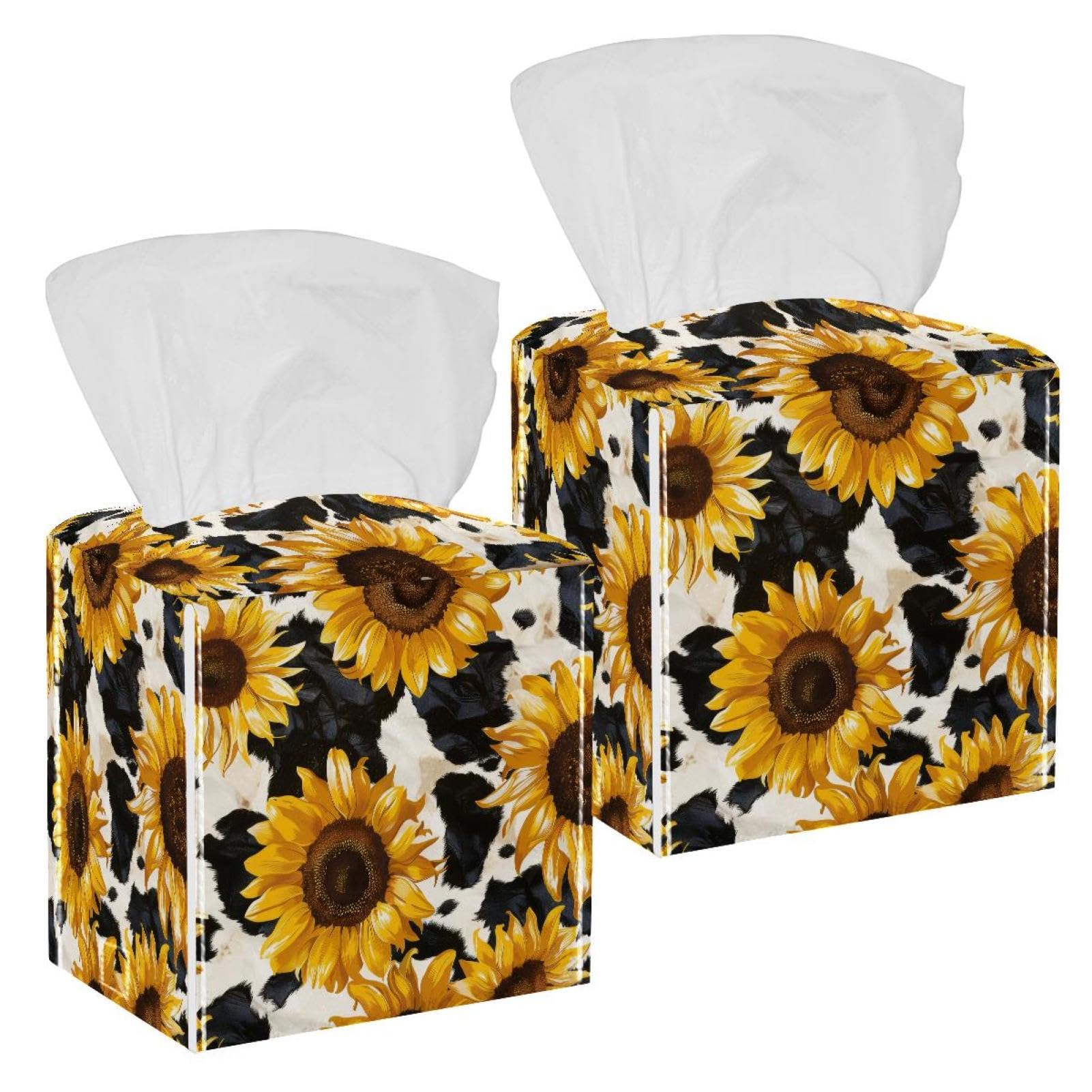 Sunflowers Cow Tissue Box Cover, 2 Pack PU Leather Square Facial Tissue Dispenser Box holder for Home Office Car