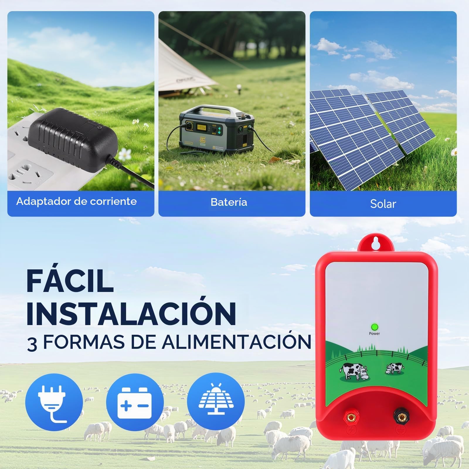 10KM Pastor Electrico, 1.5J Cerca Eléctrica Controlador Impermeable Electrificador Kit de Valla Pulso de Alto Voltaje Seguro Cercado Dispositivo Prevención Fauna Salvaje Herramienta Caballo Vacas