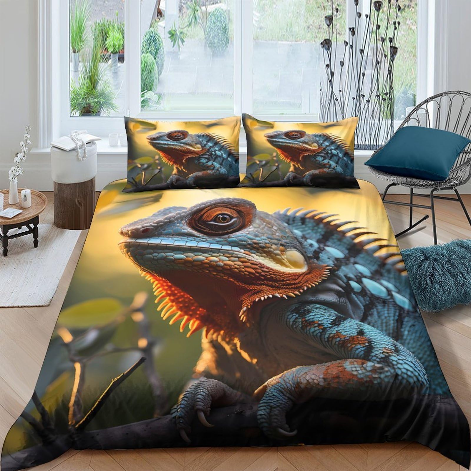Ctjqhvkz Style-8 3D Printed Blue Chameleon Fitted Sheet Microfiber Soft Lizard Bed Cover For Bedroom Guest Room Dustproof Easy Care Single（135X200cm）