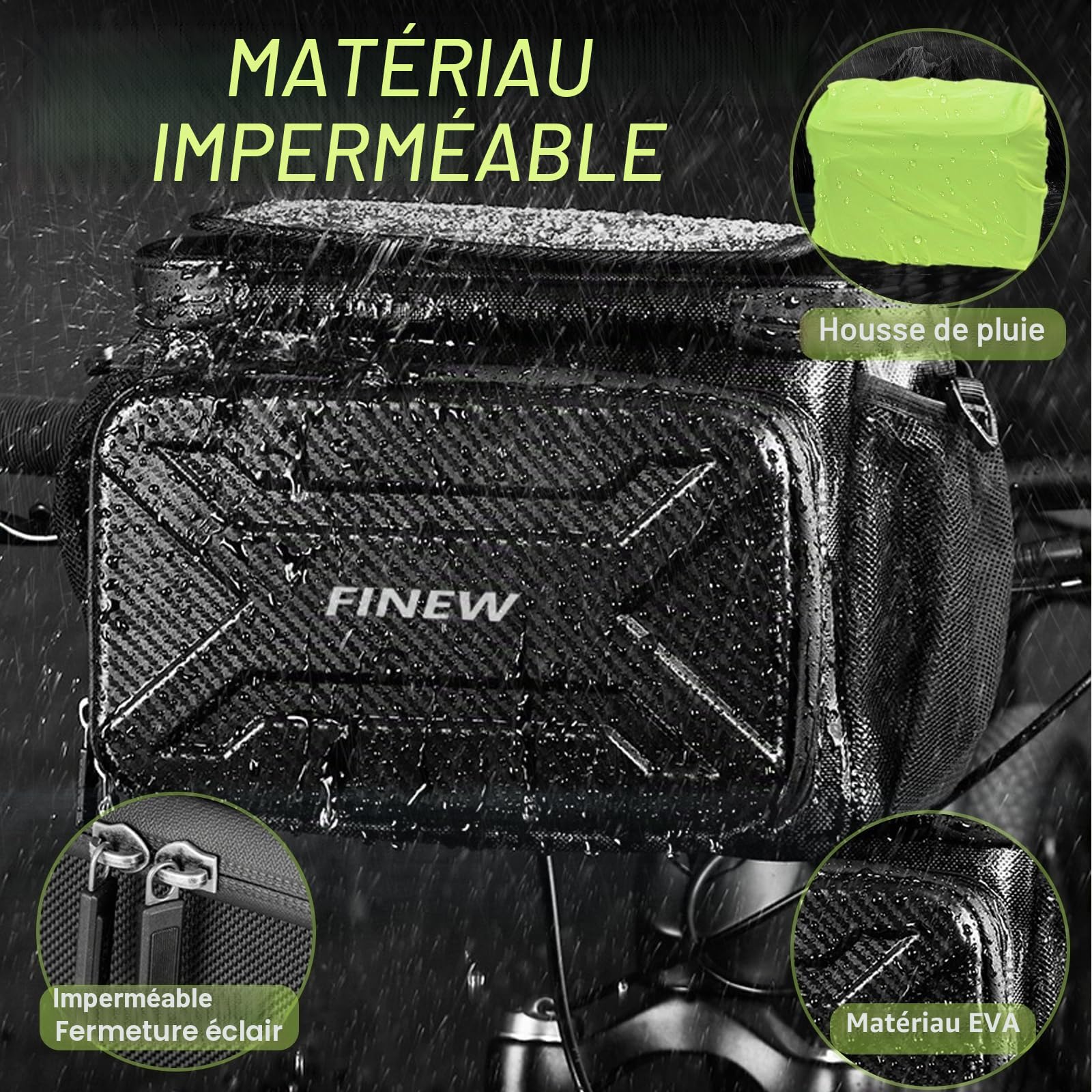 Sacoche de guidon FINEW pour vélo avec adaptateur de guidon pour E-Bike et vélo, panier avant de vélo de 6L, sacoche de guidon étanche avec support pour téléphone portable, écran tactile, bandoulière